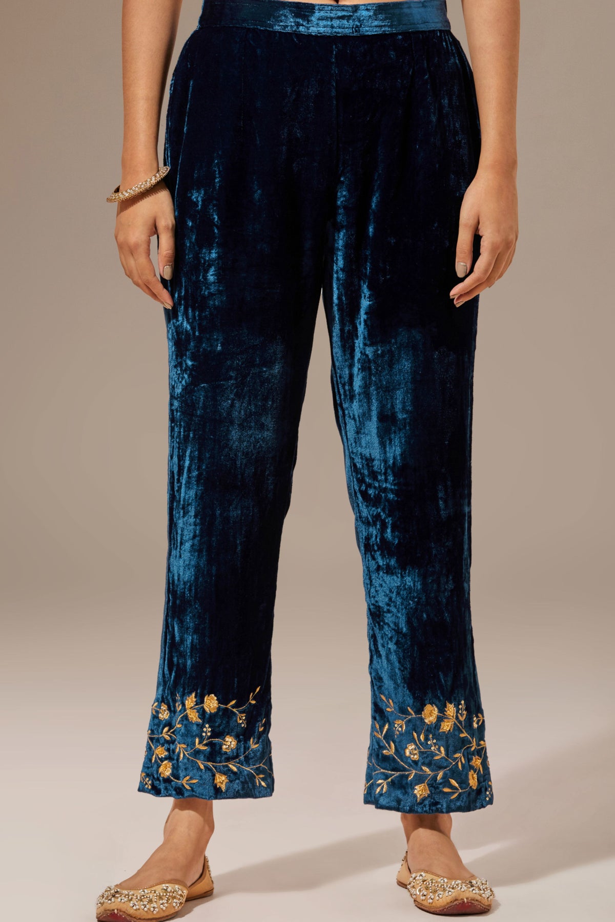 Blue Velvet Pant With Embroidery
