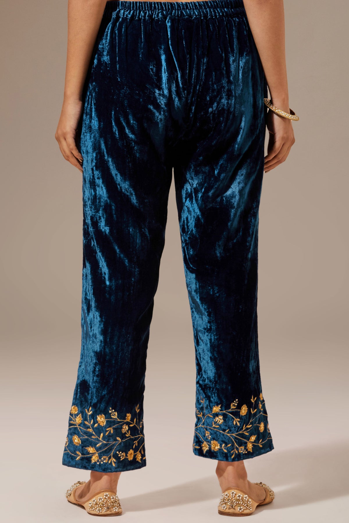 Blue Velvet Pant With Embroidery