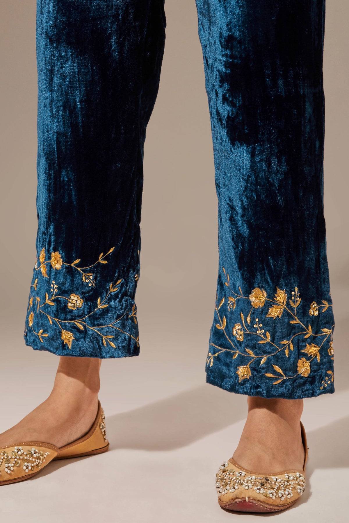 Blue Velvet Pant With Embroidery