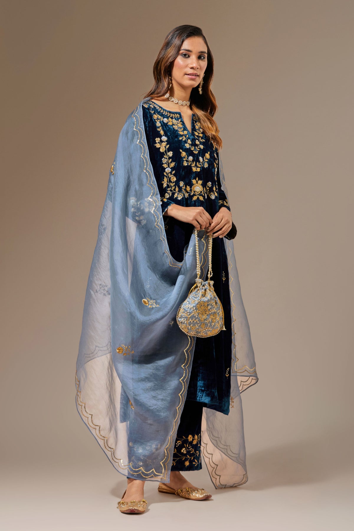 Grey Hand Embroidered Organza Dupatta