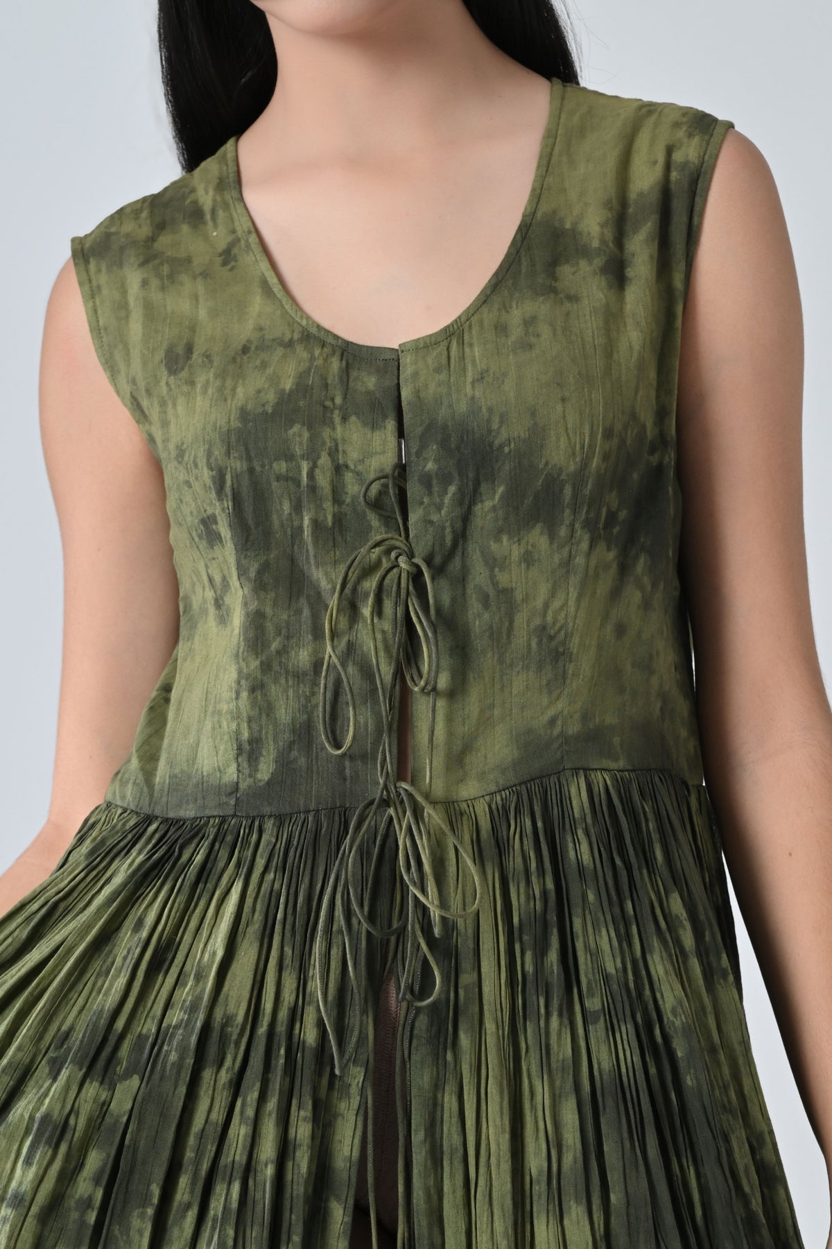 Green Forest Gathered Long Dress