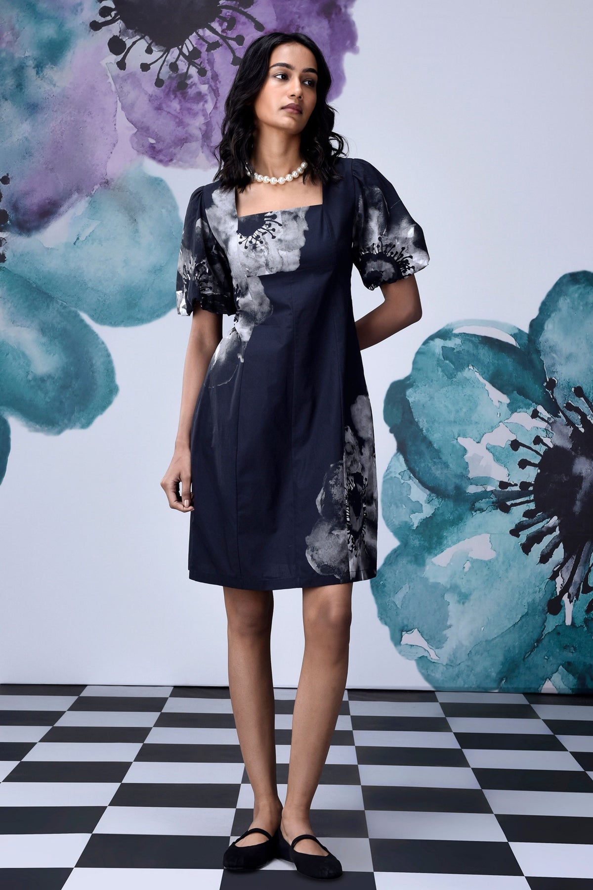 Anemone Flower Dress Black Grey