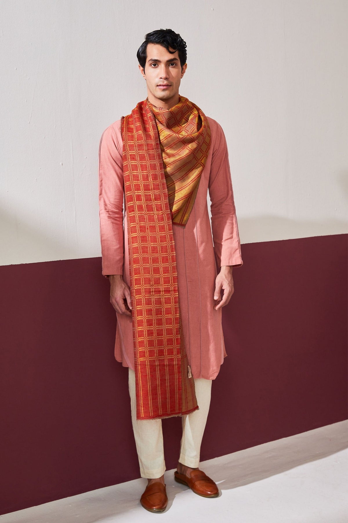 Zari Check Reversible Red Stole