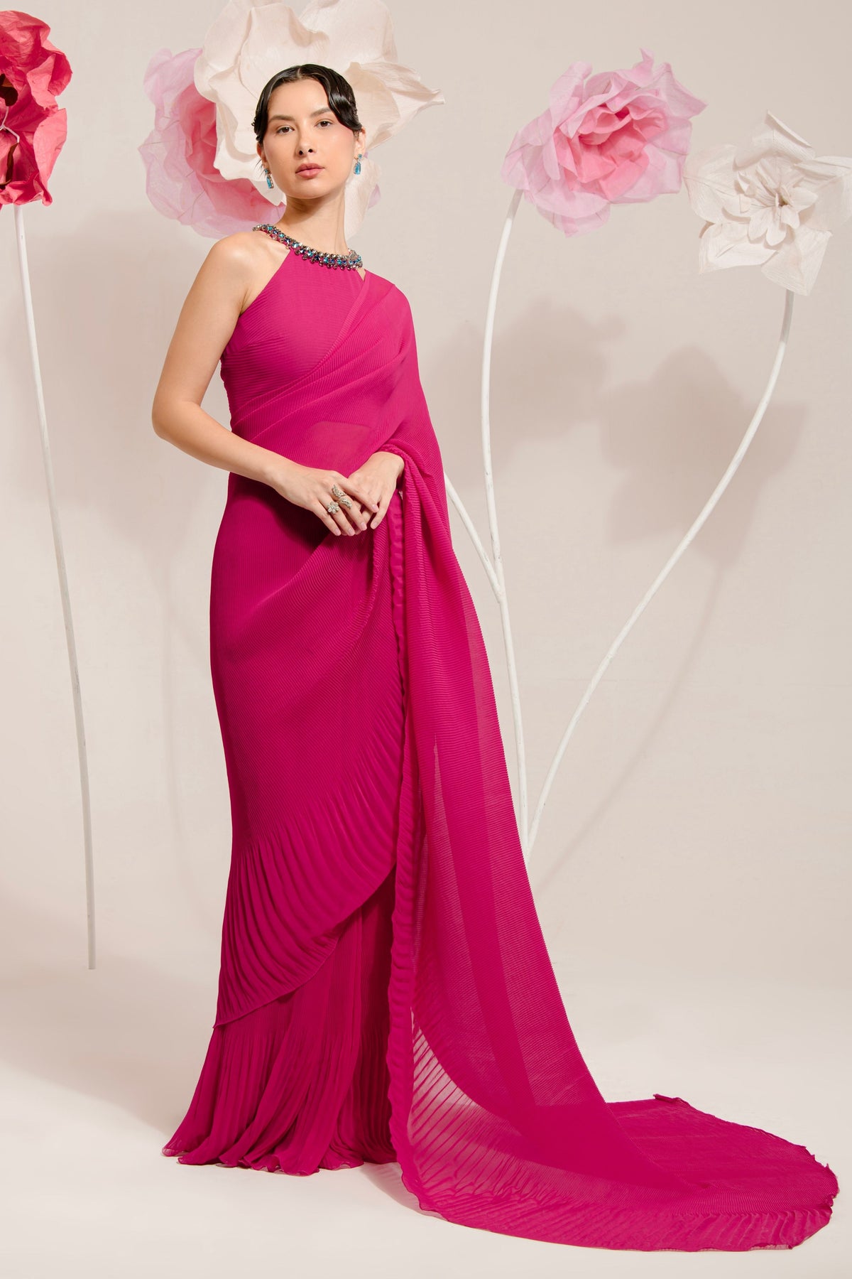 Pre-draped Hot Pink Saree Set