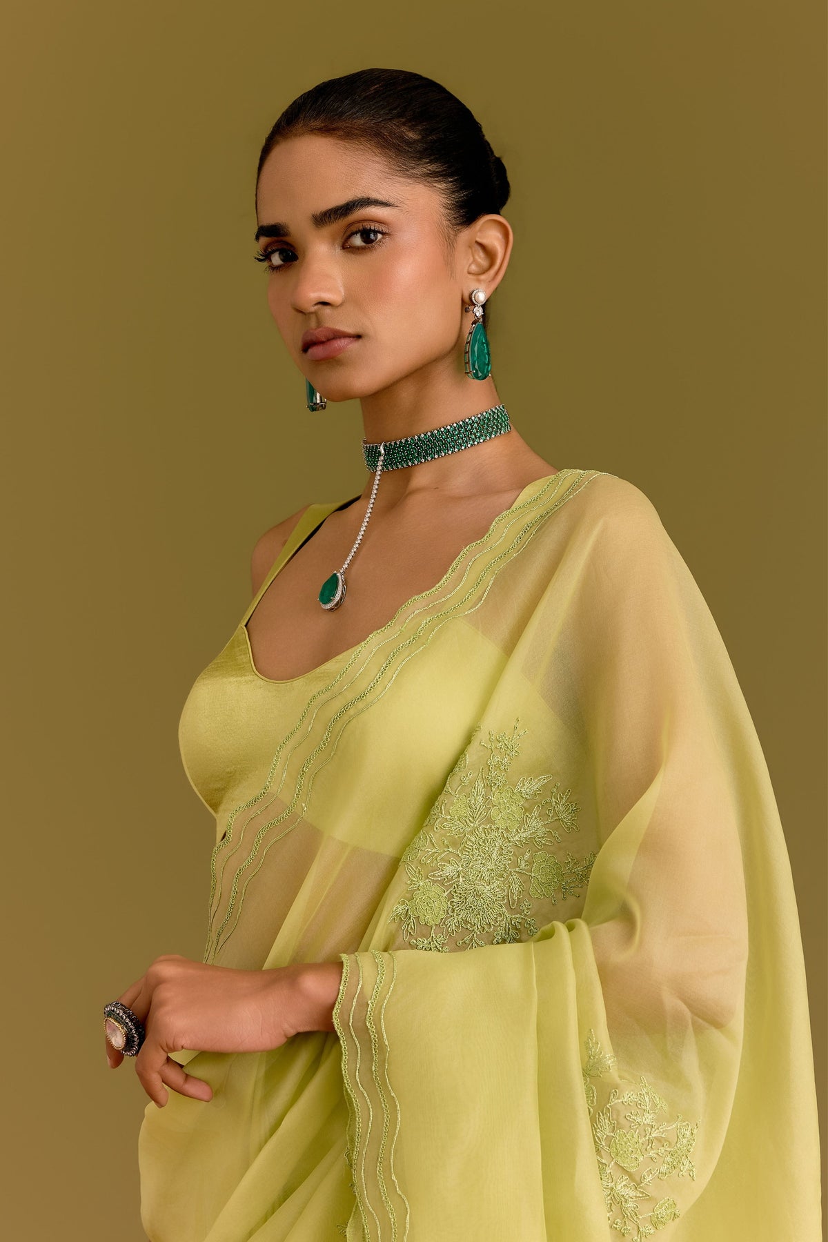 Green Embroidered Saree Set