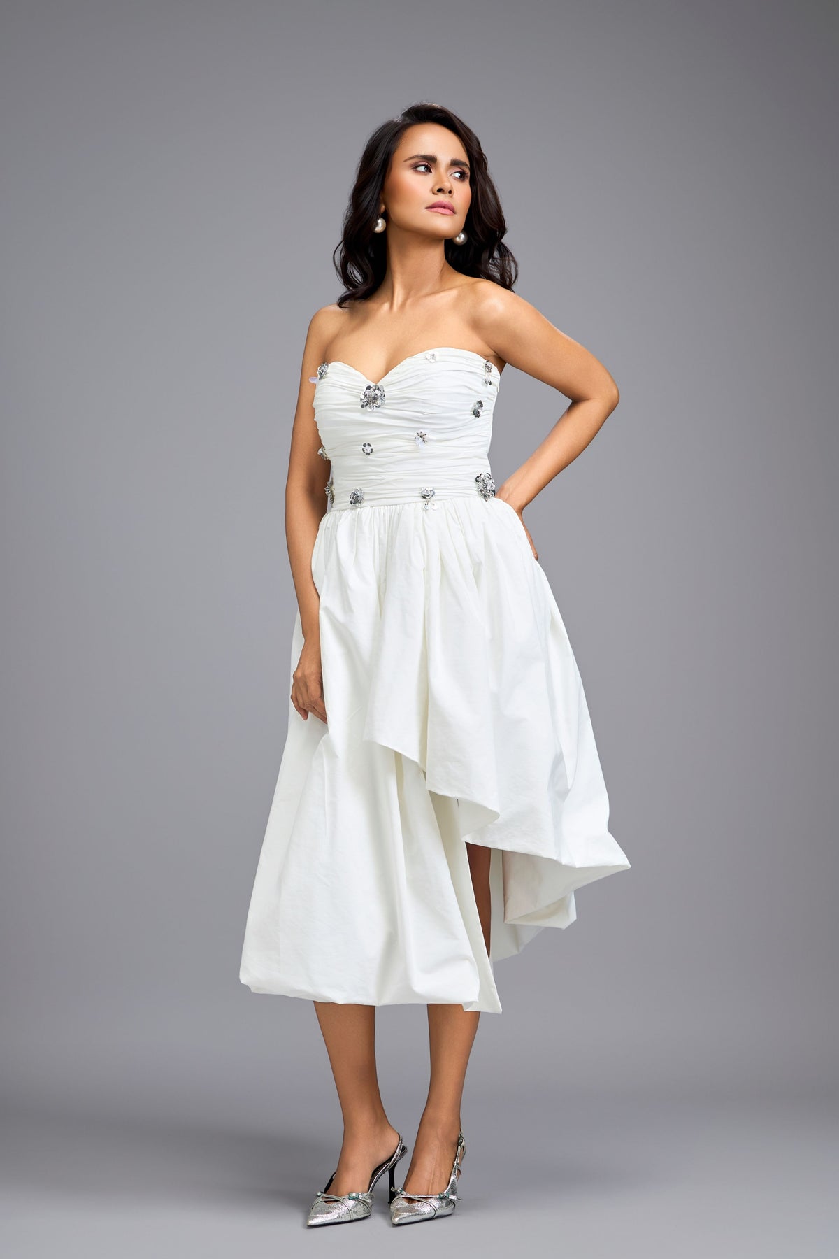 Voluminous Gathered Fitted  Midi Dress