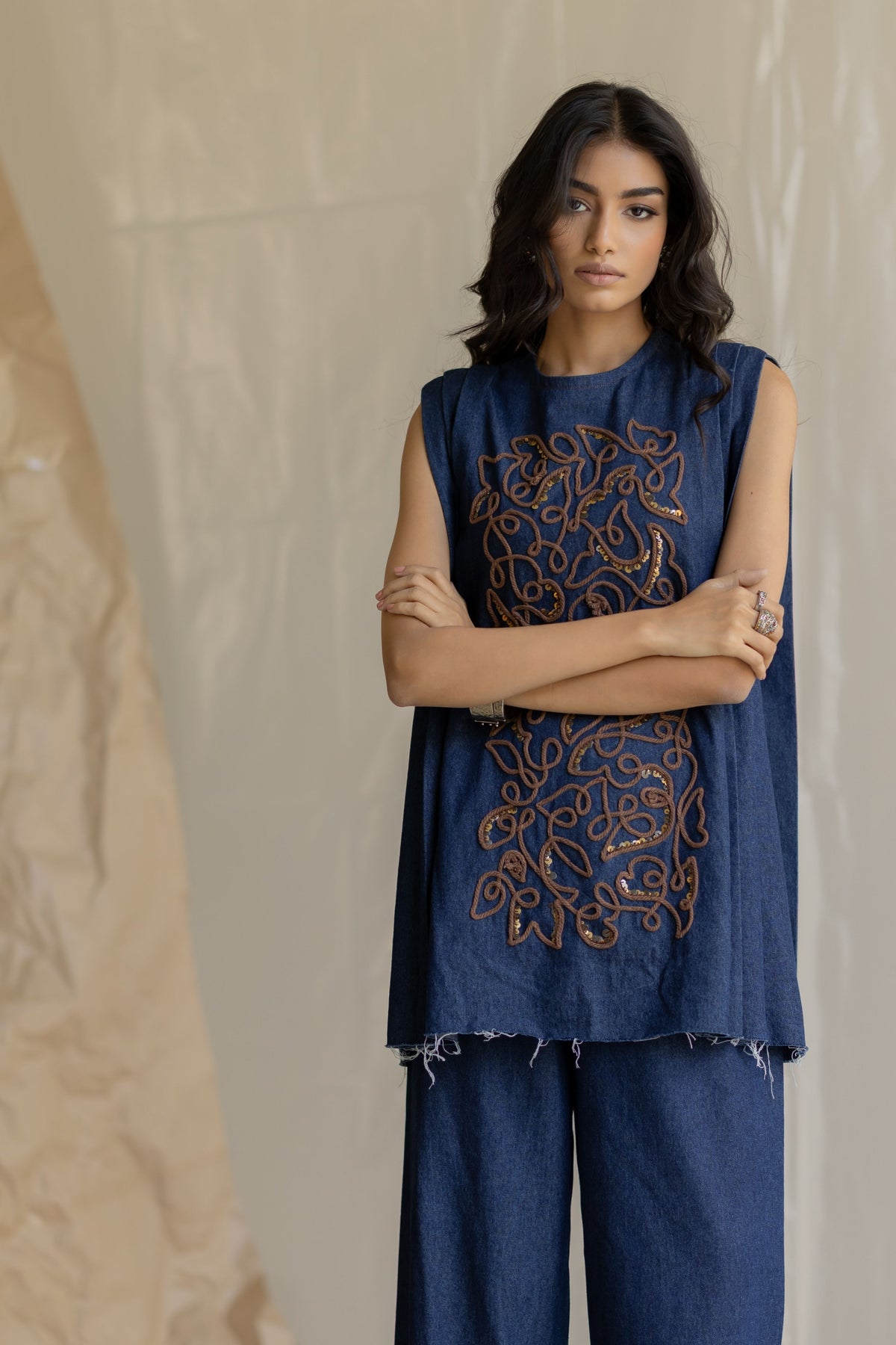Shoulder Pleated Top With Pants