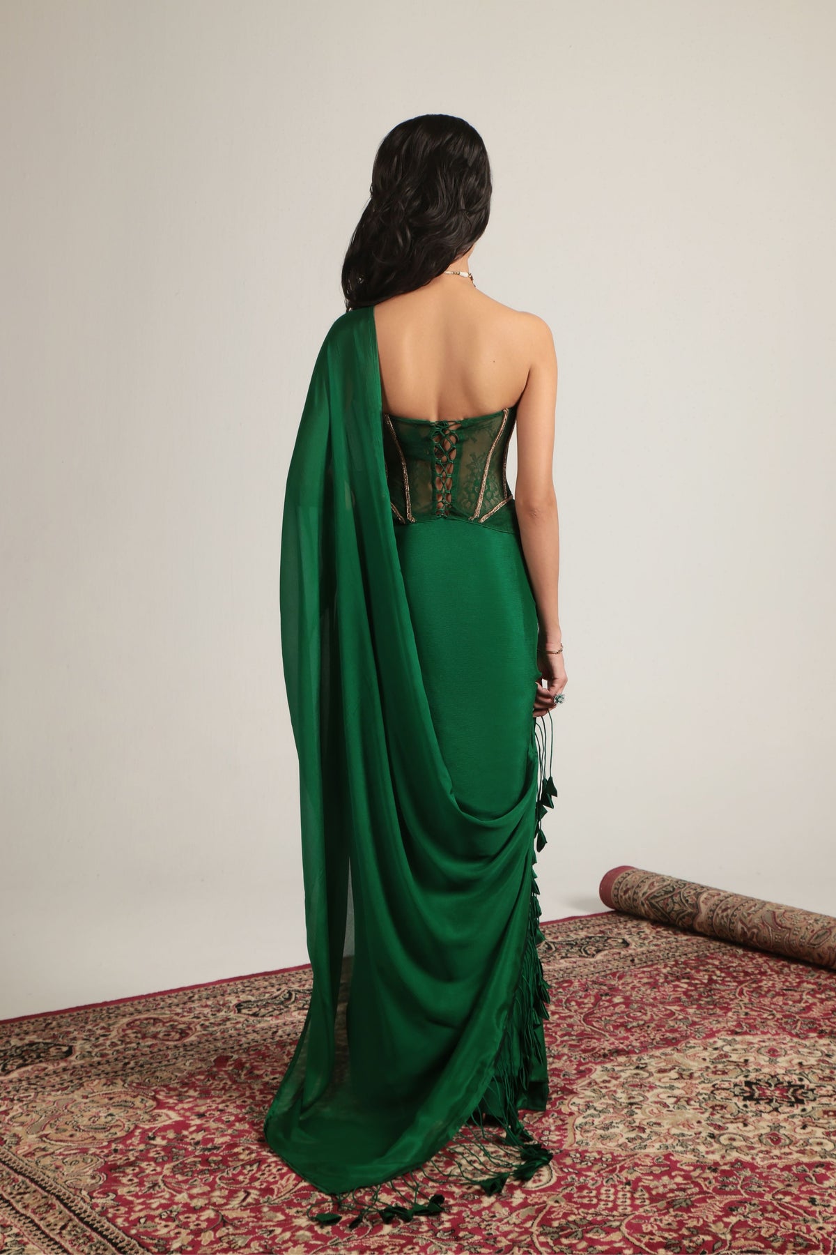 Green Zardosi Corset Saree Set