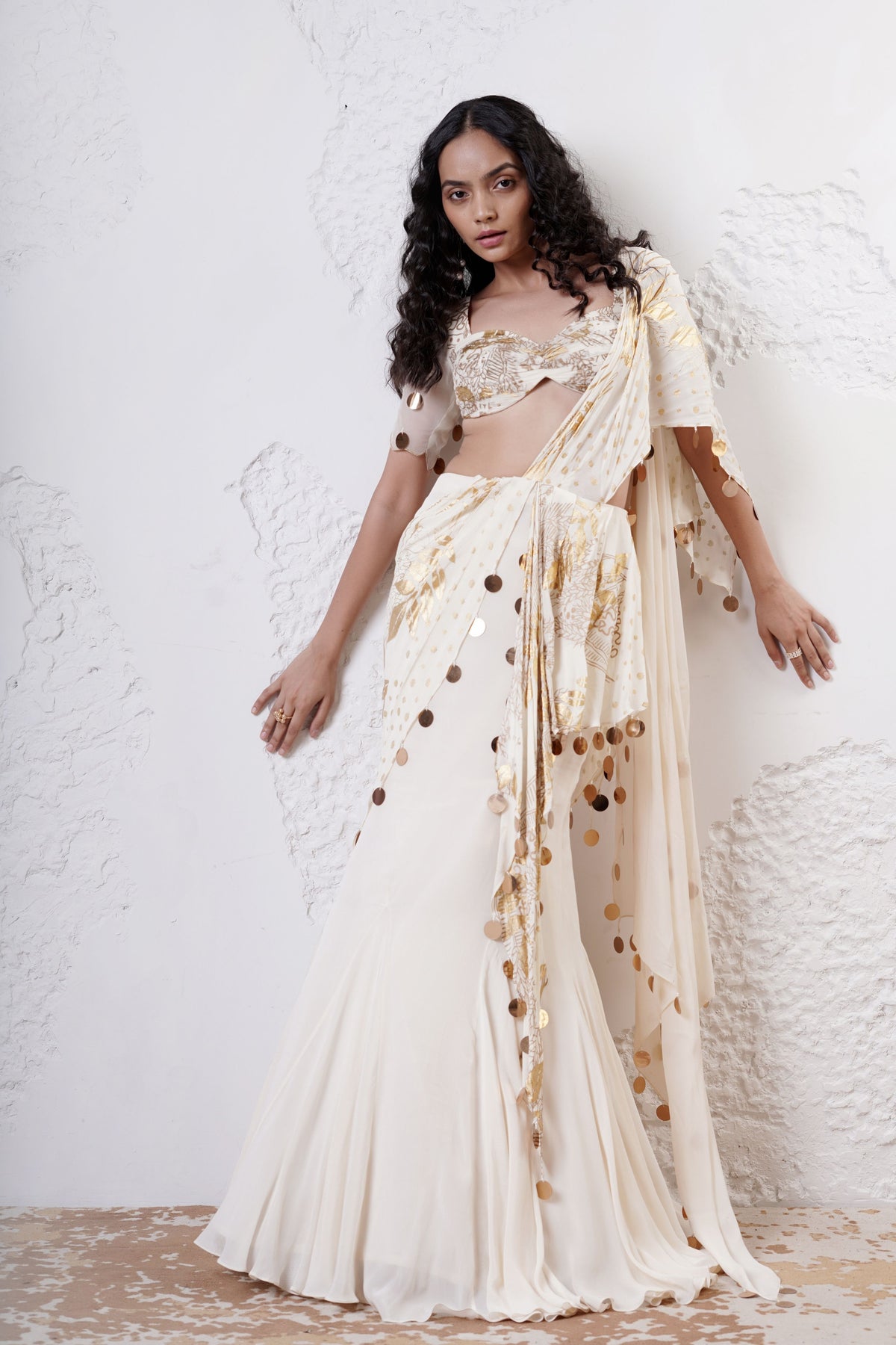 Ivory Foil Drape Saree Set
