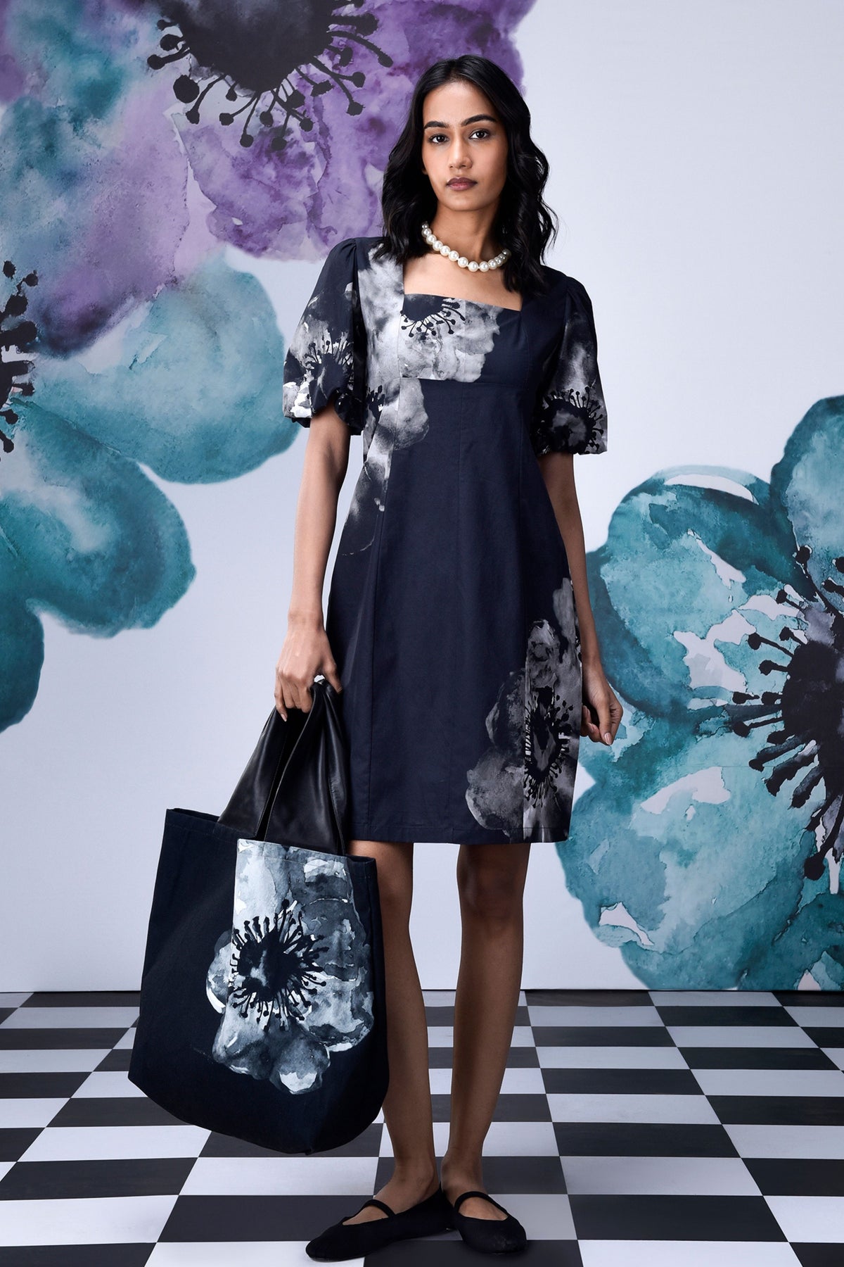 Anemone Flower Dress Black Grey