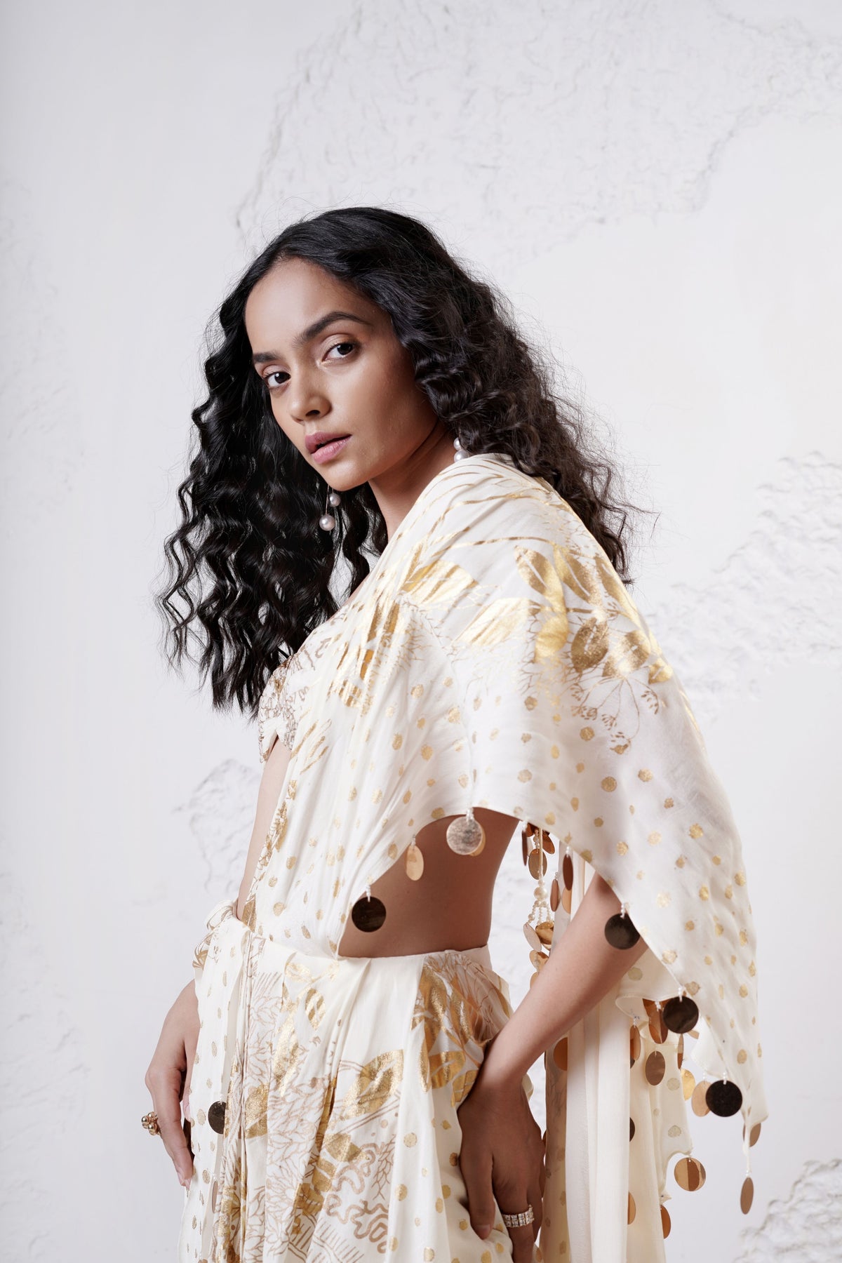 Ivory Foil Drape Saree Set