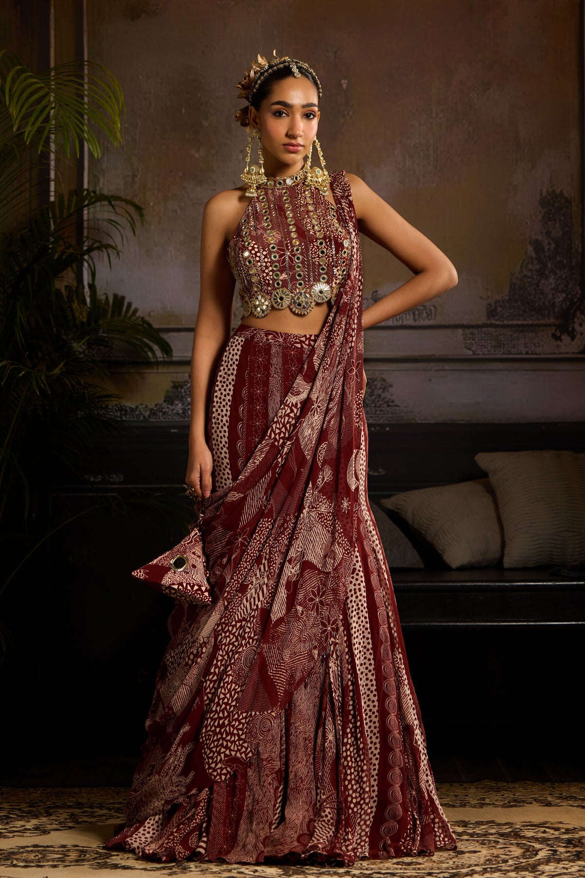 Maroon Mermaid Drape Saree Set