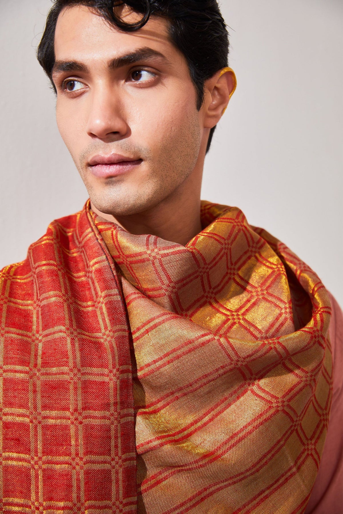 Zari Check Reversible Red Stole
