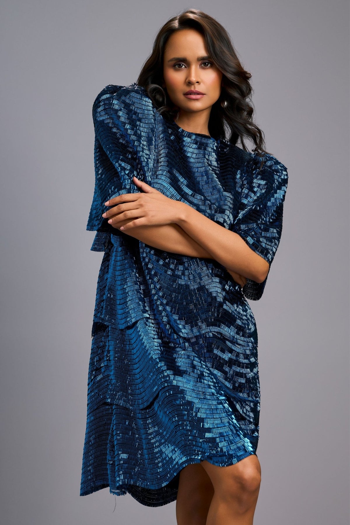 Navy Blue Shimmer Textured Dress - Deepika Arora - Elahe