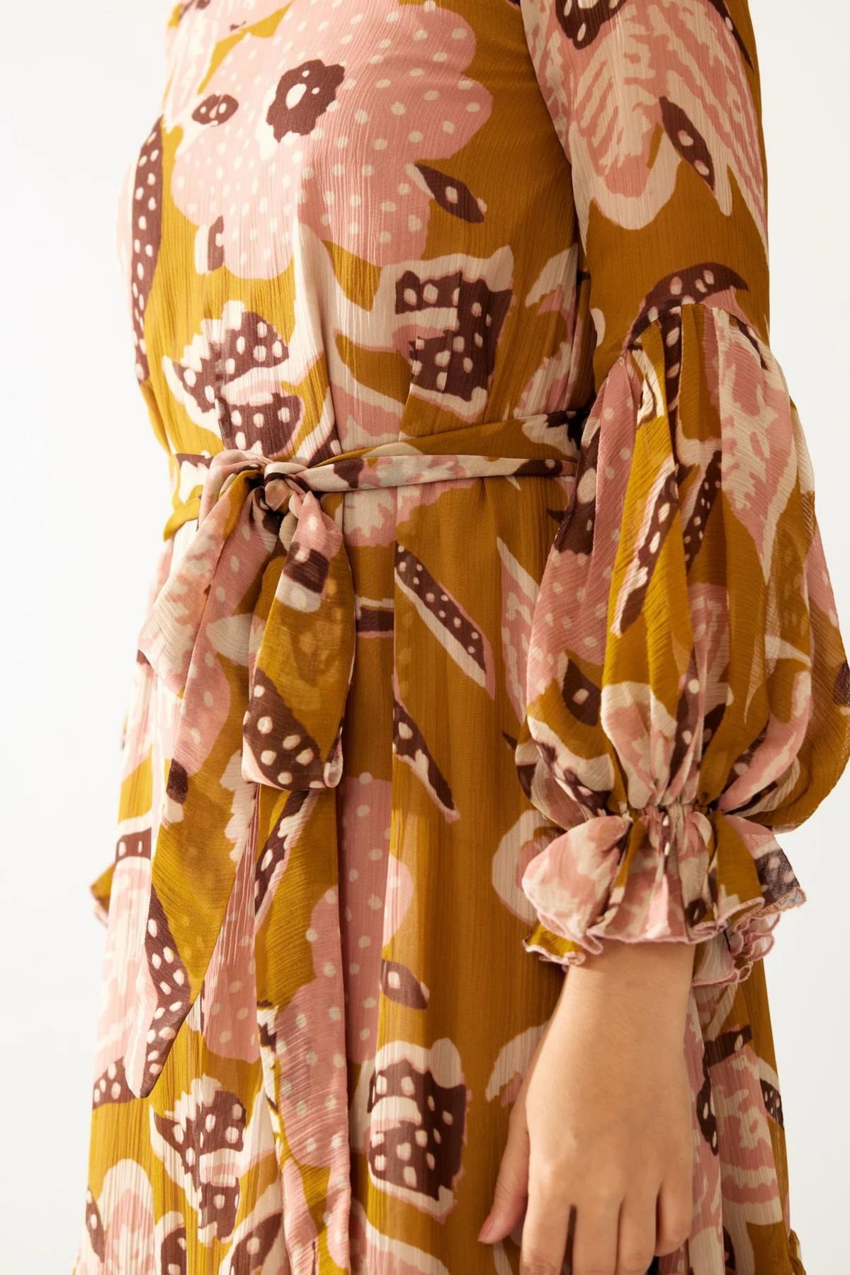 Mustard And Pink Floral Midi Dress