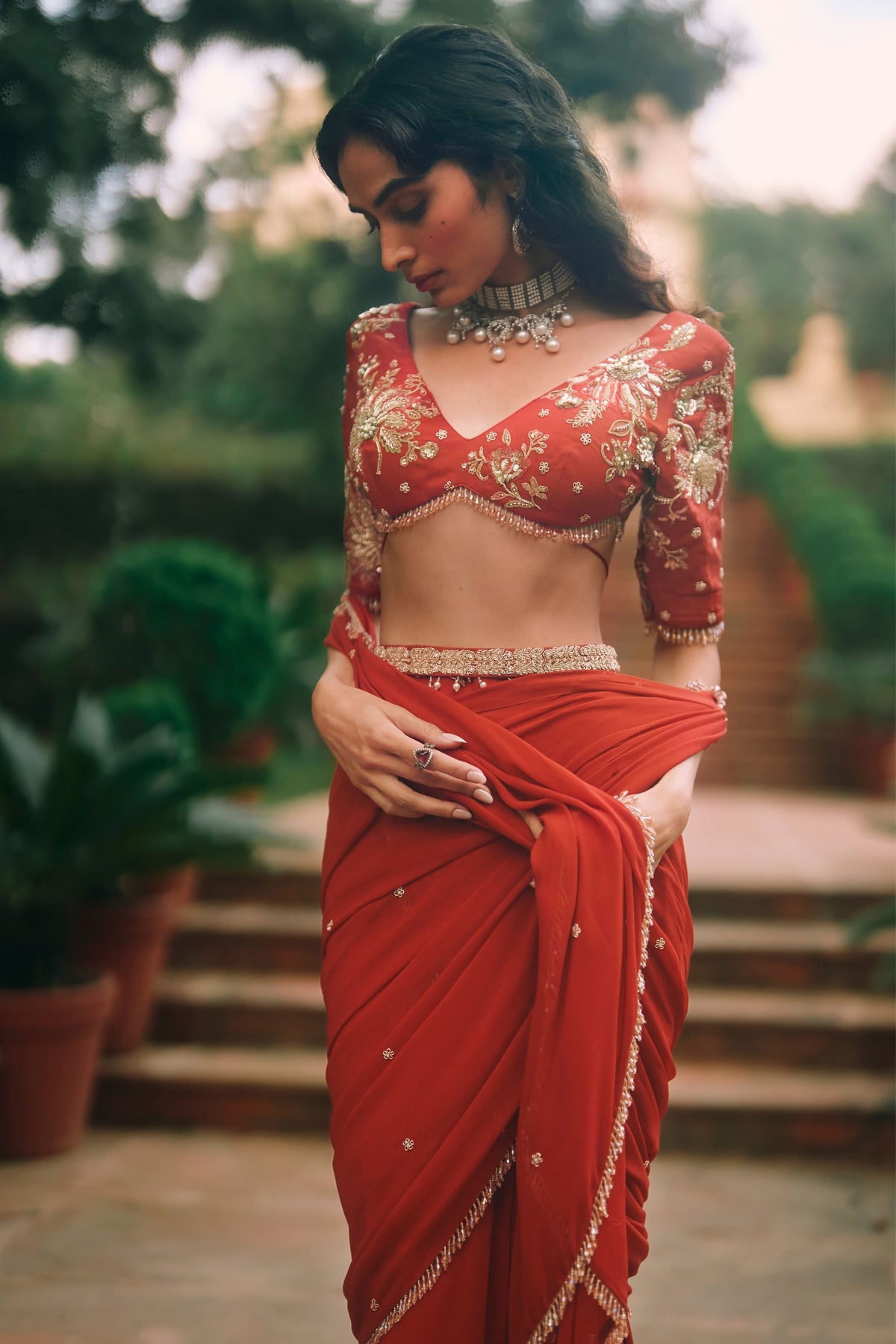 Kaia Red Draped Saree Set