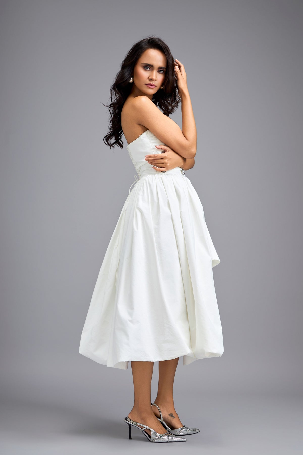Voluminous Gathered Fitted  Midi Dress
