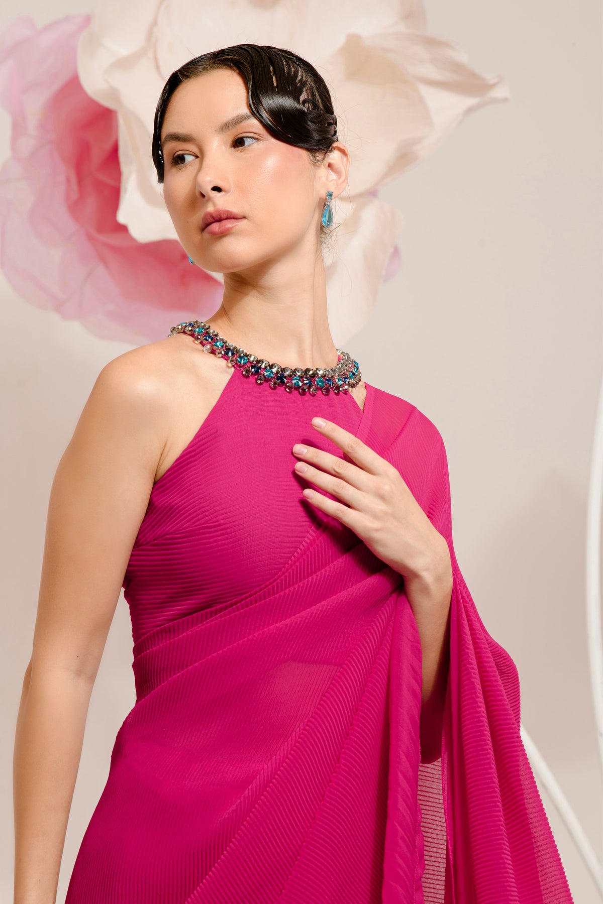Pre-draped Hot Pink Saree Set