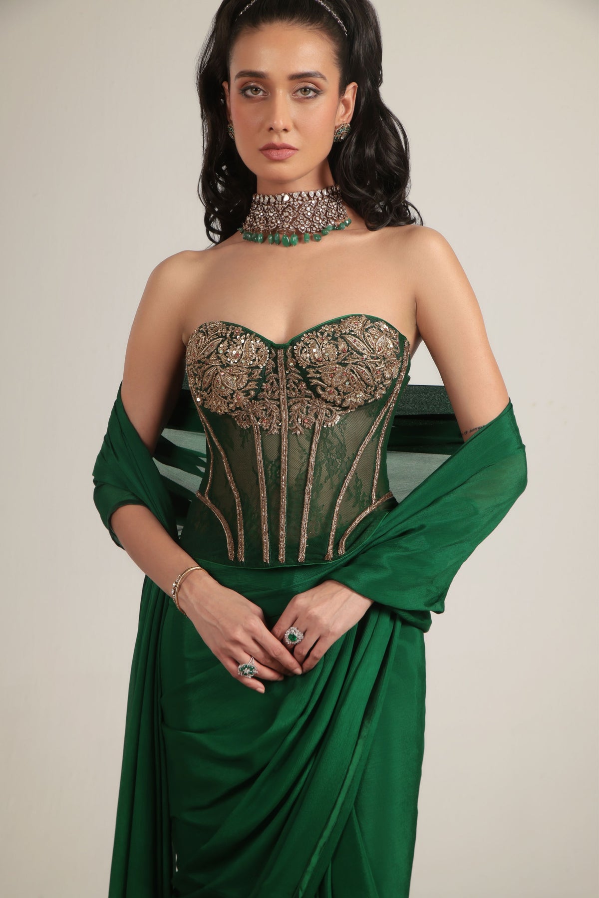 Green Zardosi Corset Saree Set