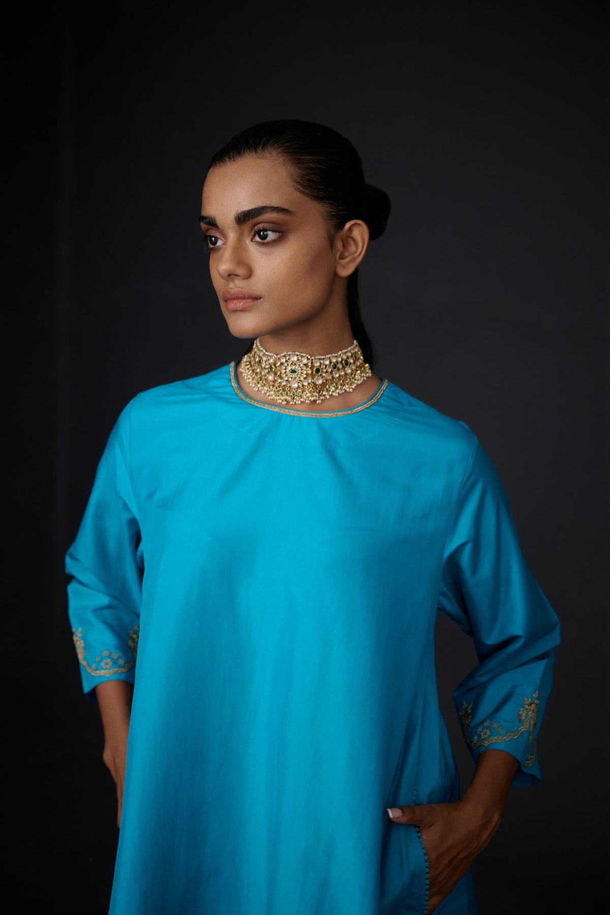 Turquoise  Blue Hand Embroidered Tunic Set