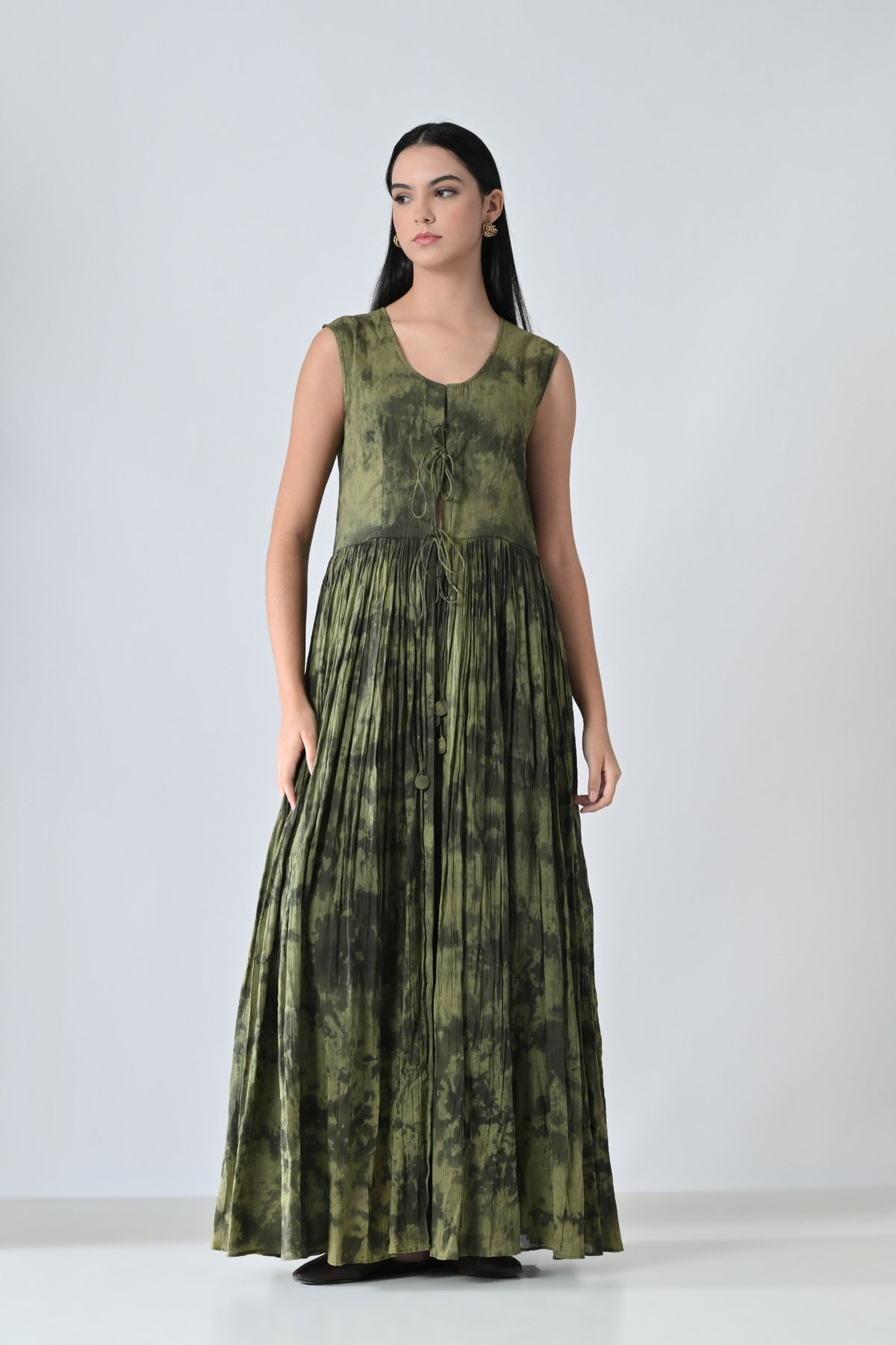 Green Forest Gathered Long Dress