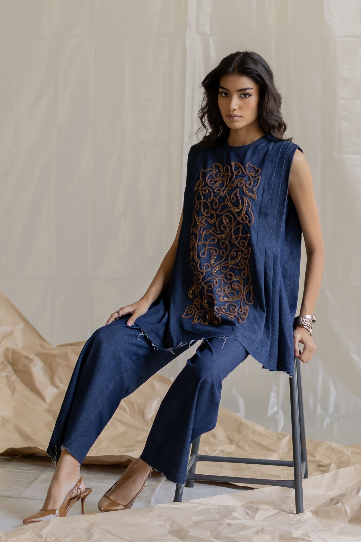 Shoulder Pleated Top With Pants