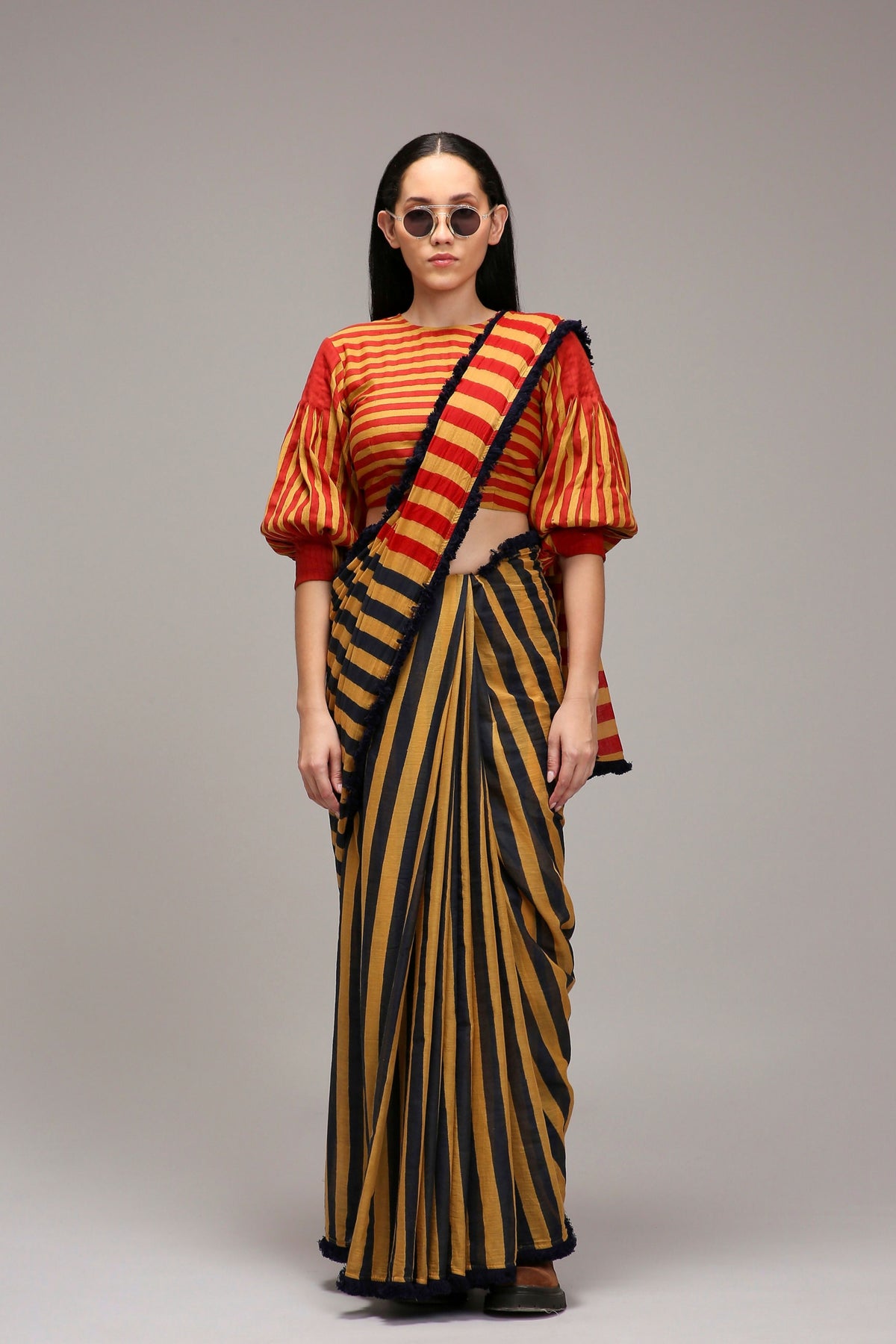 Tan-brown Crop Top & Dual Striped Saree Set