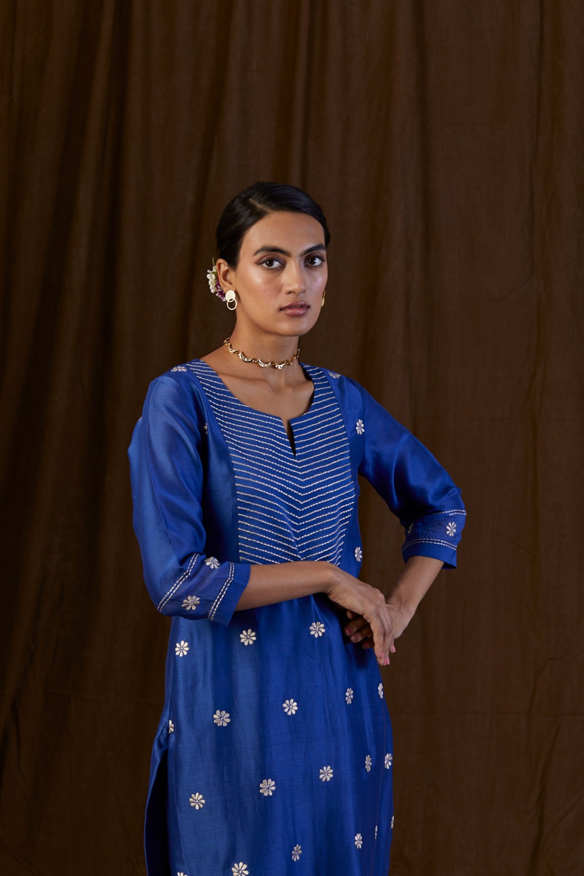 Navy Blue Yolk Embroidered Kurta Set