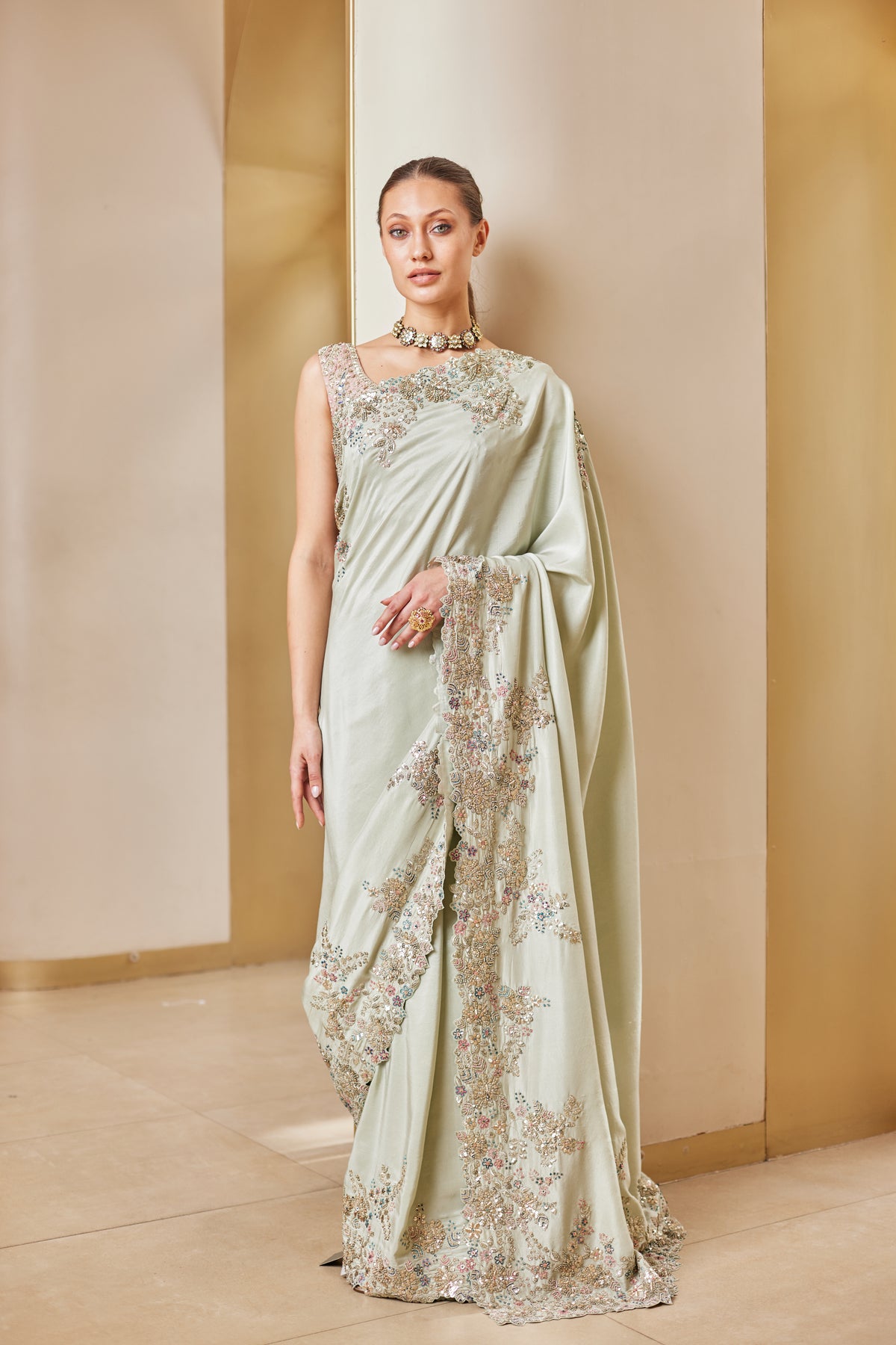 Olive Green Embroidered Saree