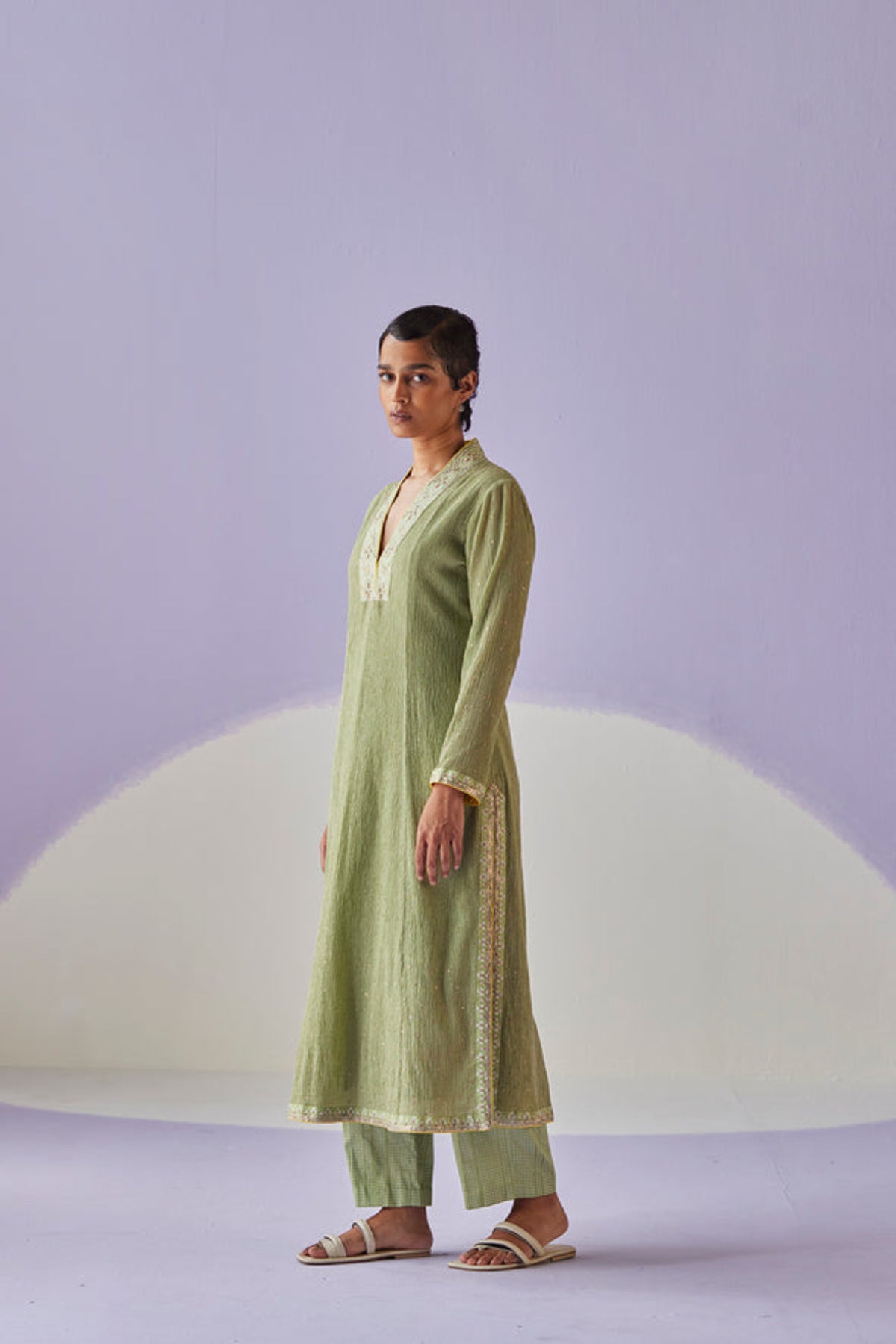 Green Crinkled Kurta Set