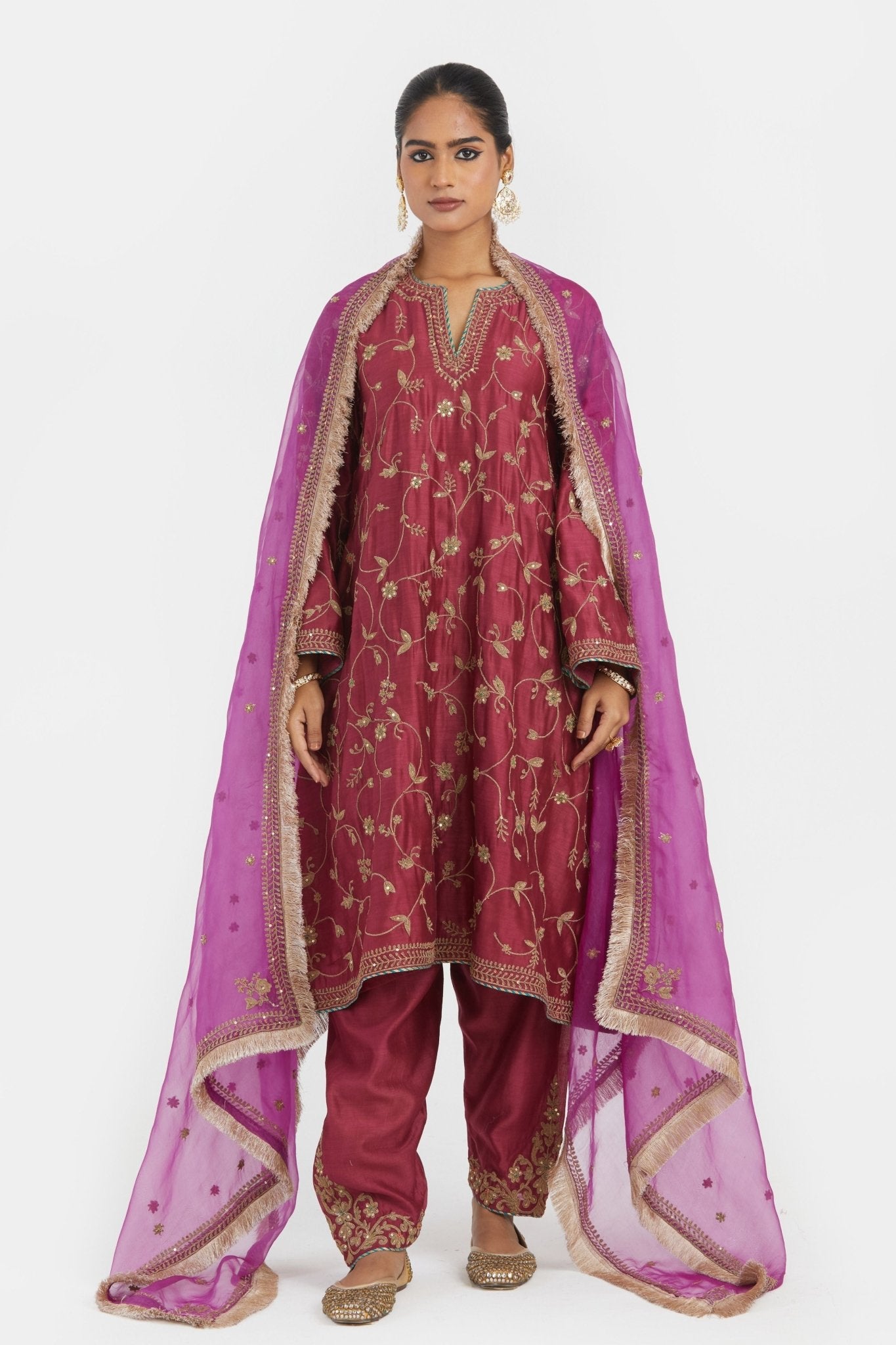 Red A - line Kurta Set - Kora - Elahe