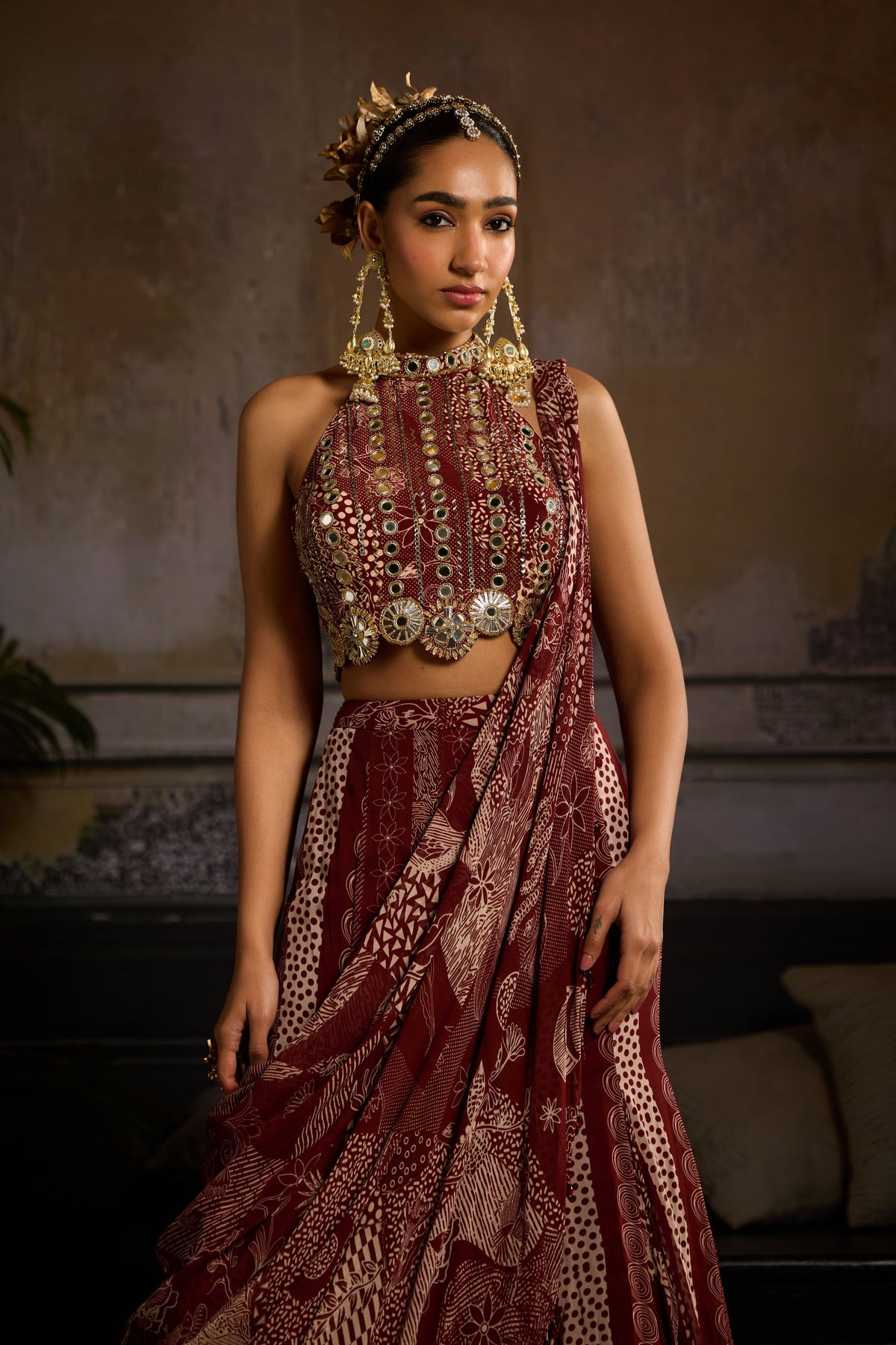 Maroon Mermaid Drape Saree Set