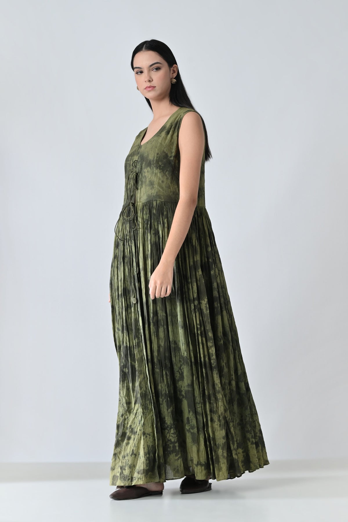 Green Forest Gathered Long Dress
