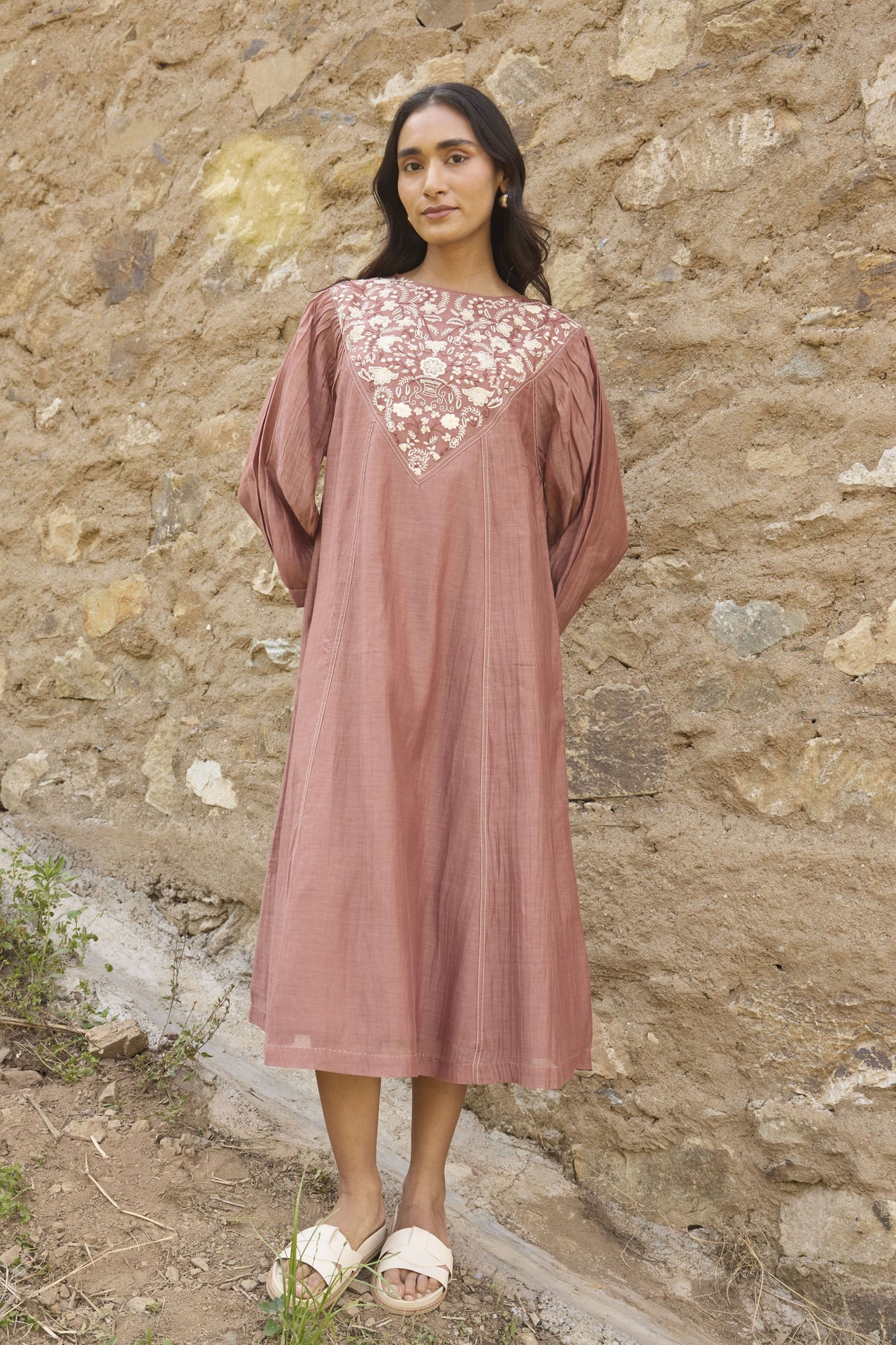 Brown Embroidered Yoke Chanderi Dress