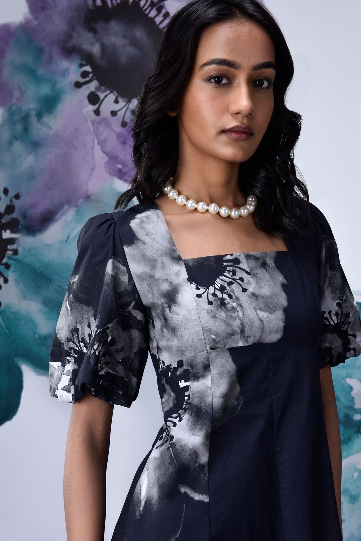 Anemone Flower Dress Black Grey