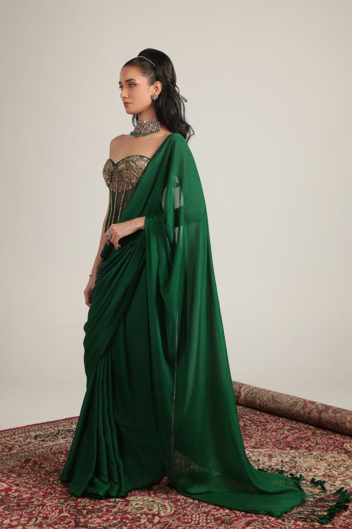 Green Zardosi Corset Saree Set