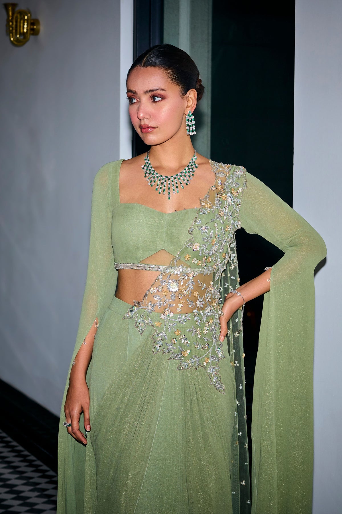Sage Green Pre- Stitched Saree Set