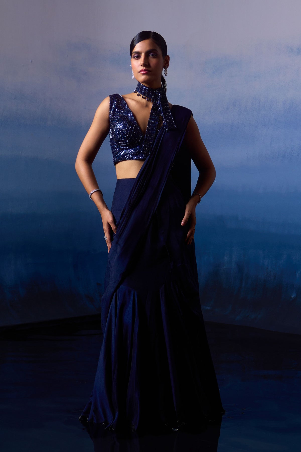 Midnight Blue Silk Drape Saree