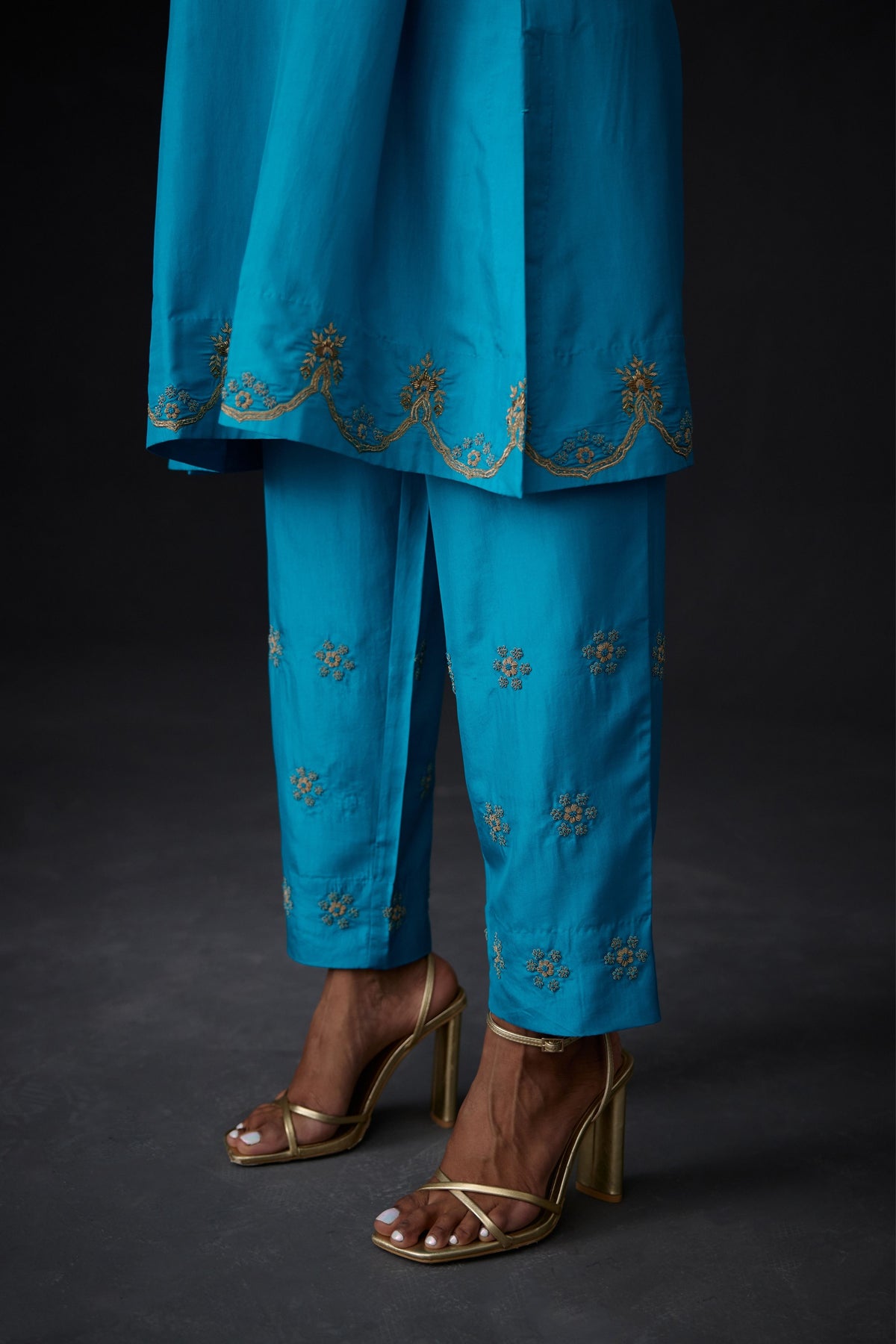 Turquoise  Blue Hand Embroidered Tunic Set