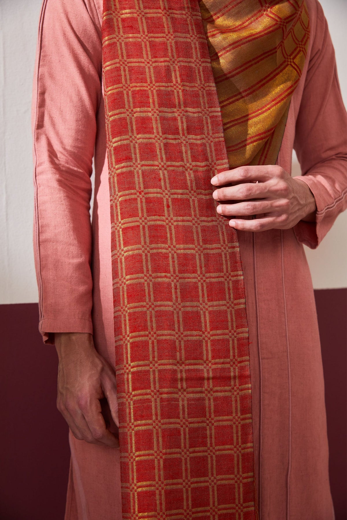 Zari Check Reversible Red Stole