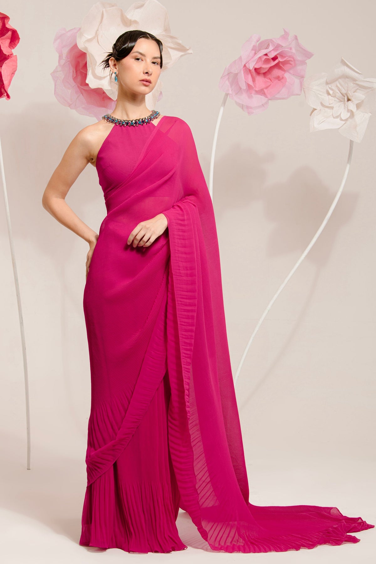 Pre-draped Hot Pink Saree Set