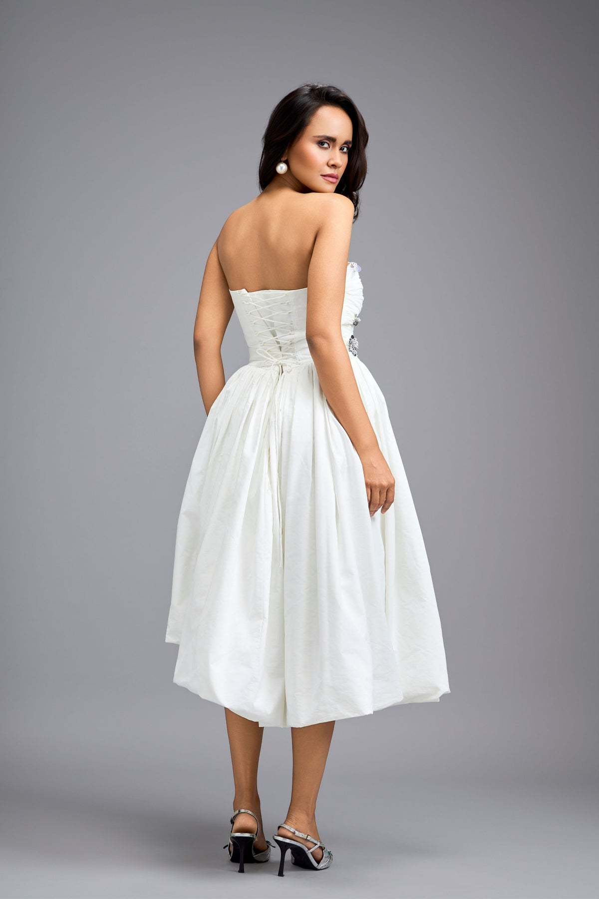 Voluminous Gathered Fitted  Midi Dress