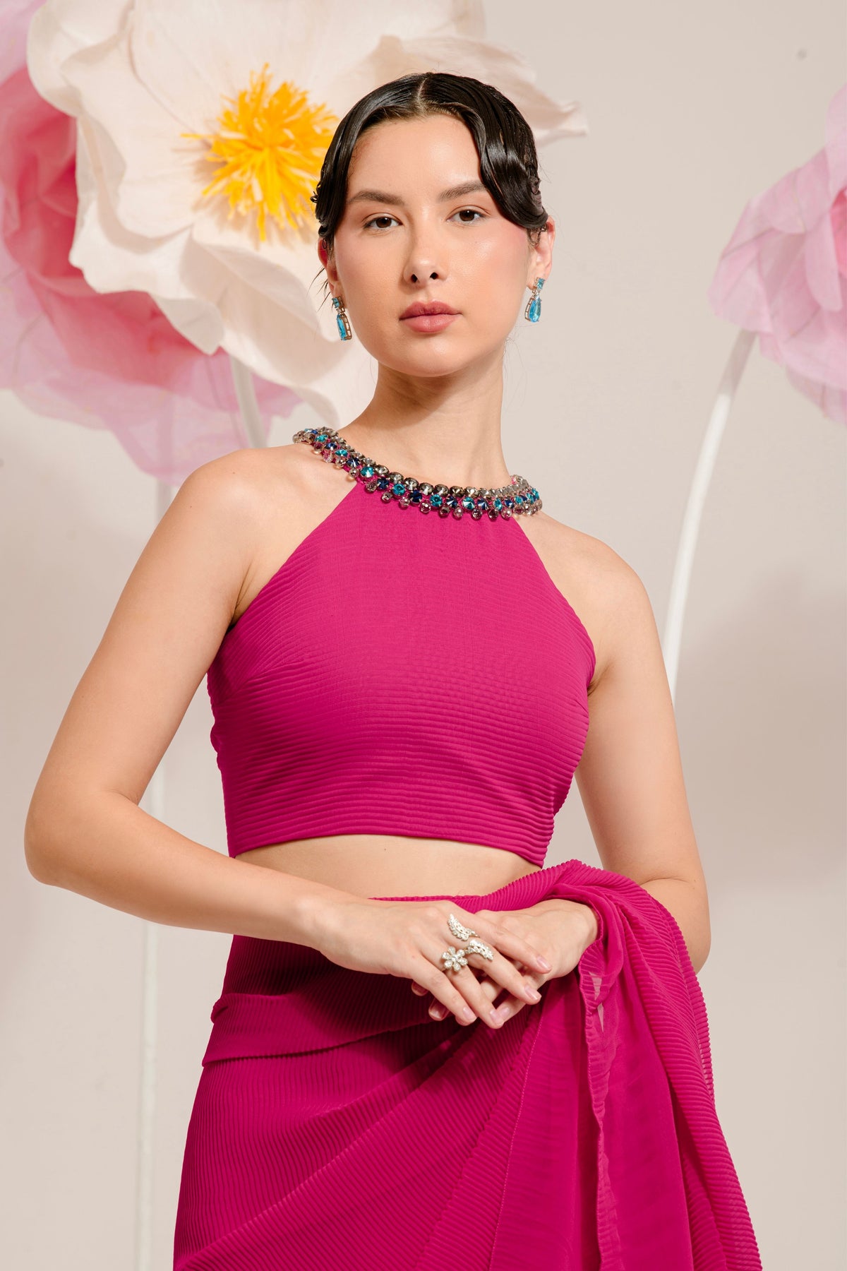 Pre-draped Hot Pink Saree Set