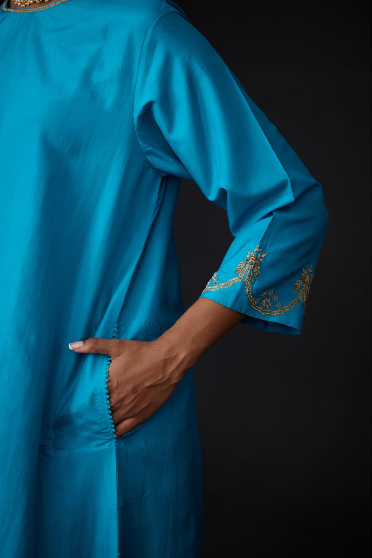 Turquoise  Blue Hand Embroidered Tunic Set