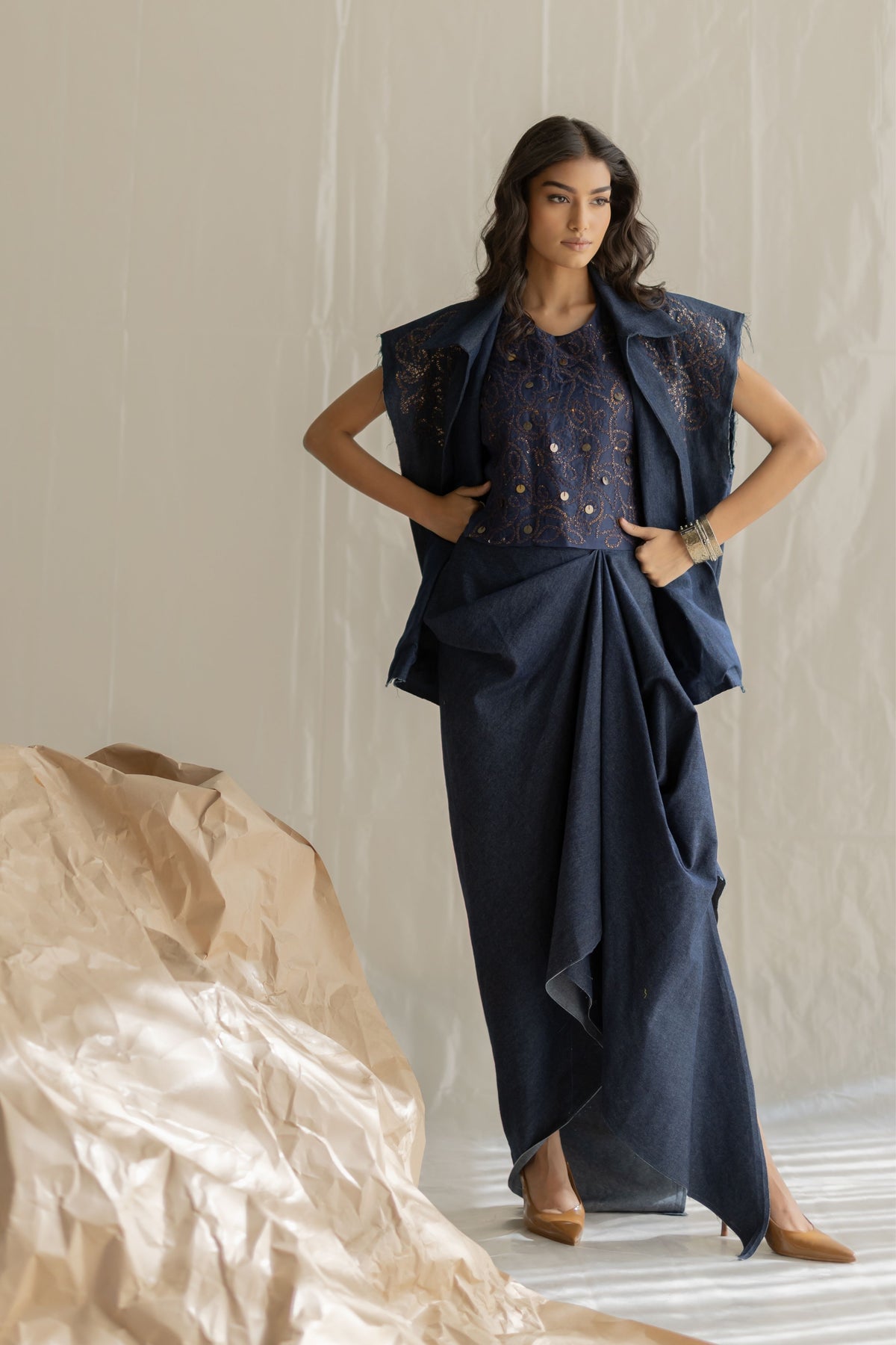 Dark Blue Denim Drape Skirt