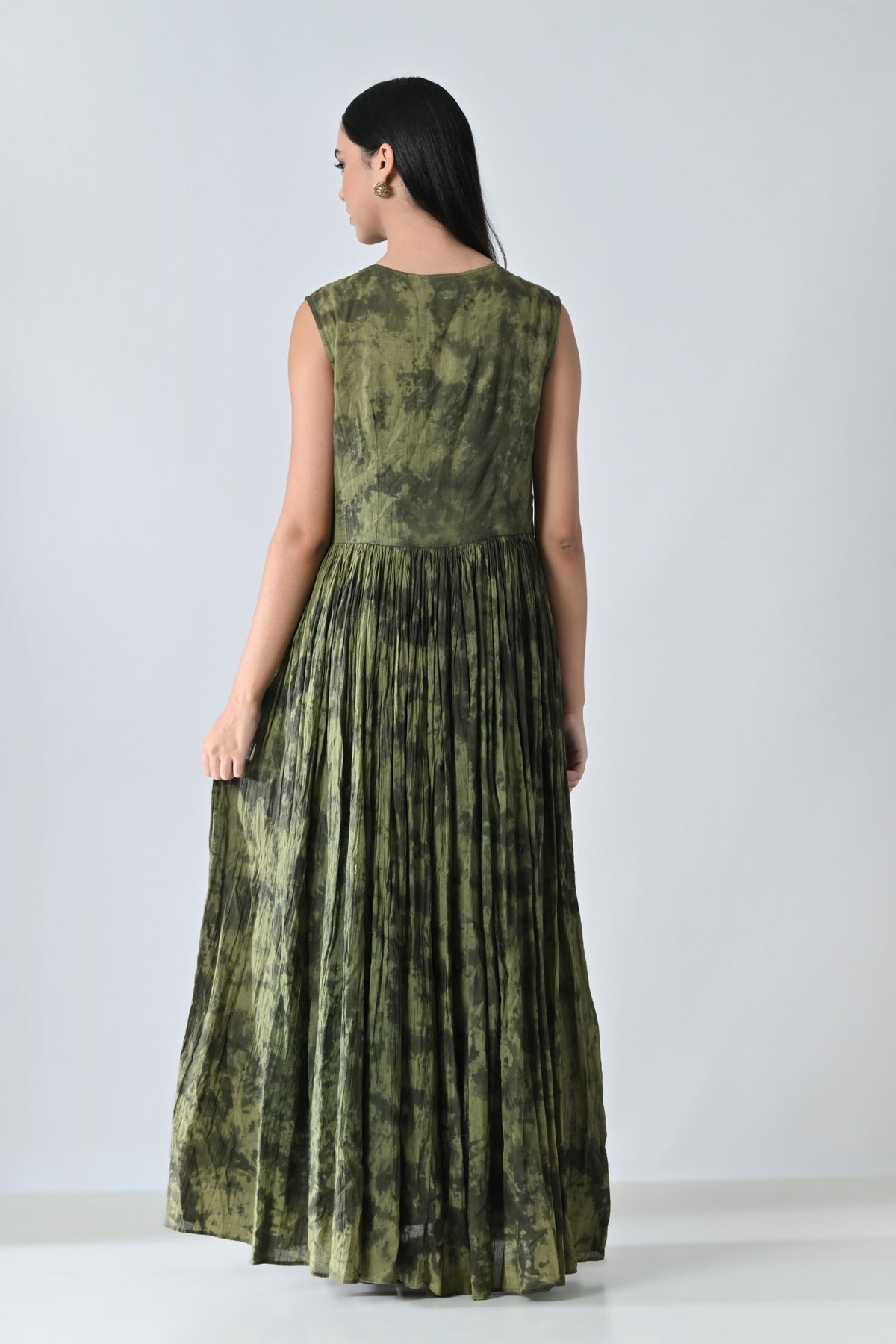 Green Forest Gathered Long Dress