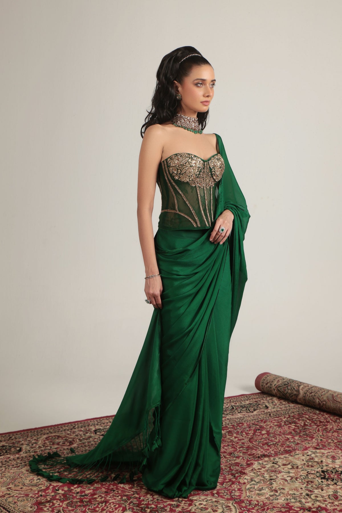 Green Zardosi Corset Saree Set