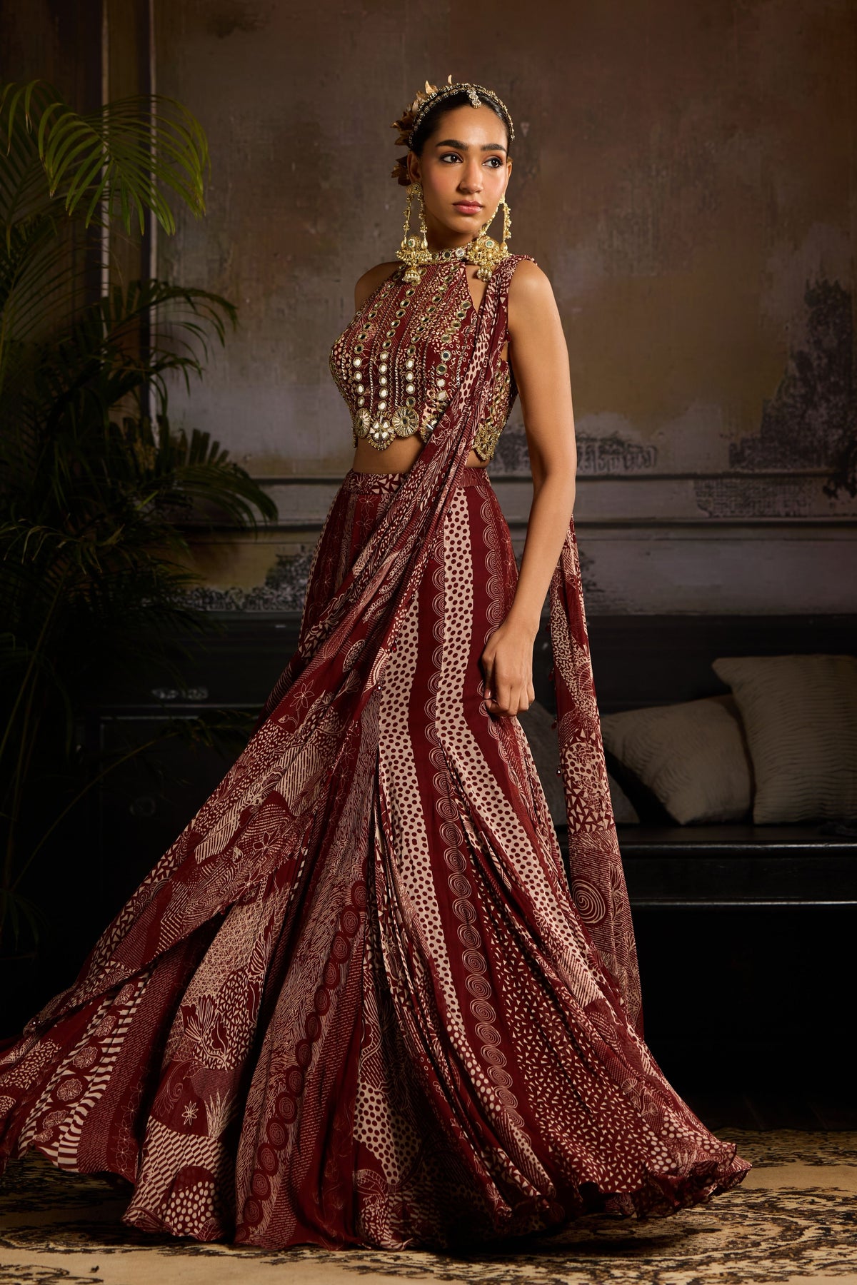 Maroon Mermaid Drape Saree Set