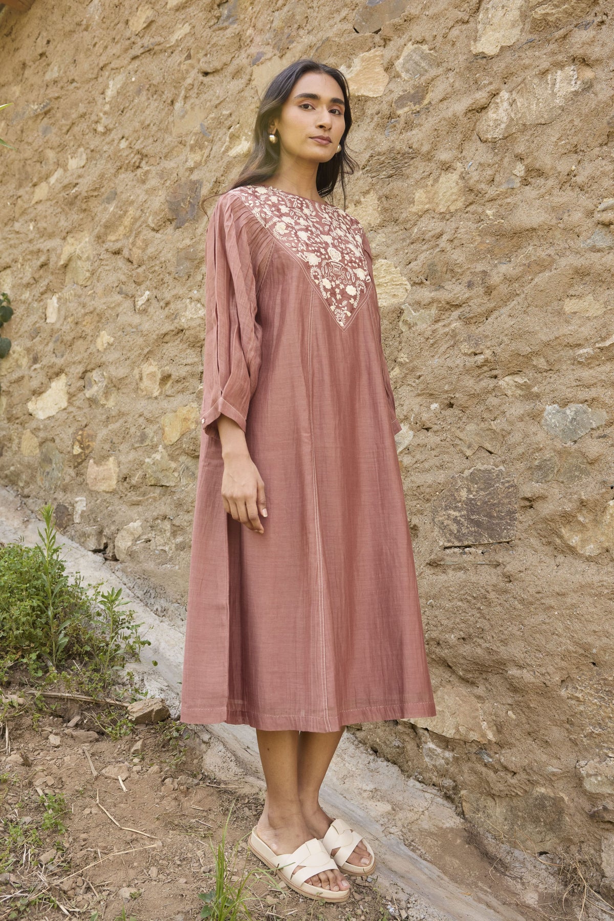 Brown Embroidered Yoke Chanderi Dress