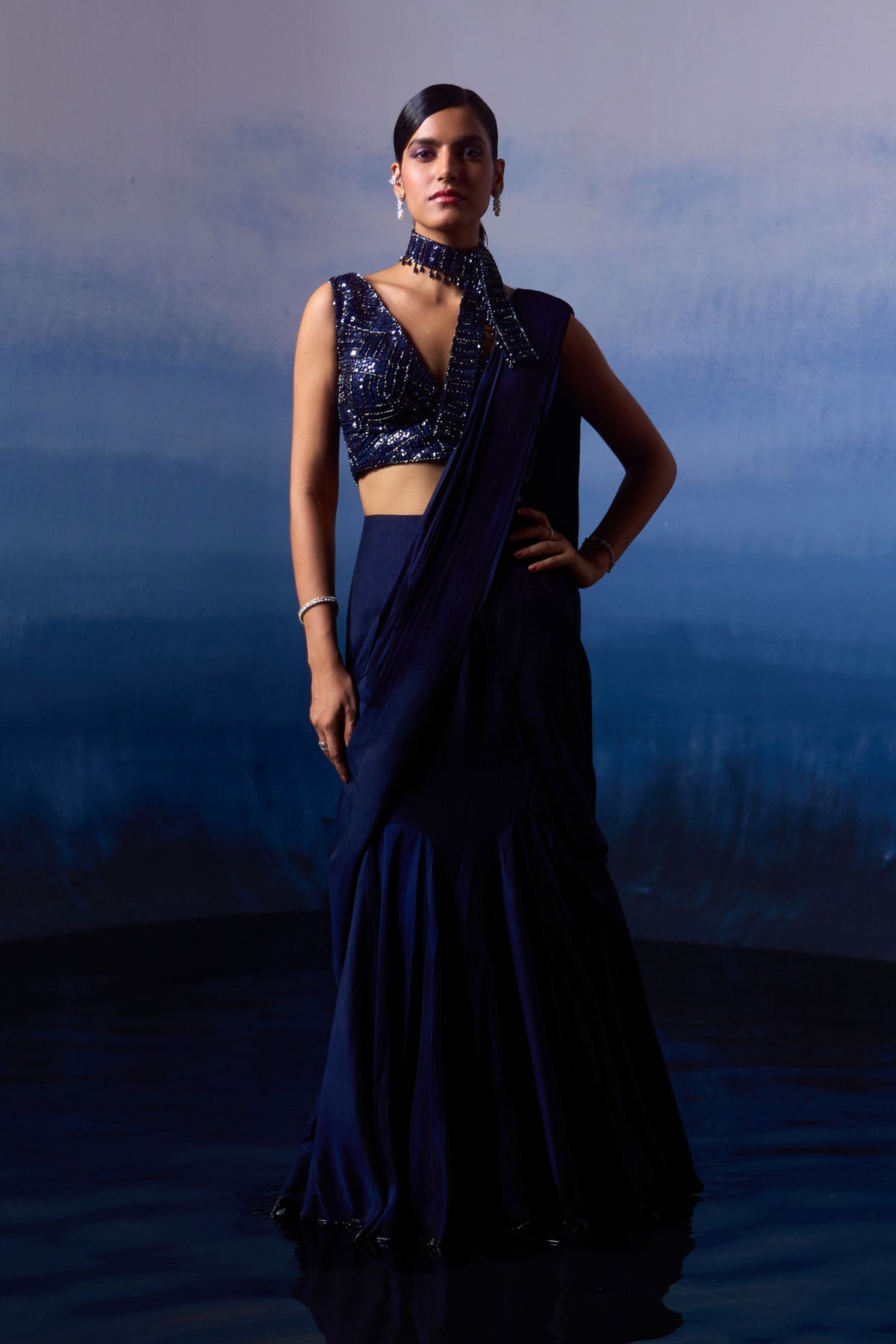 Midnight Blue Silk Drape Saree